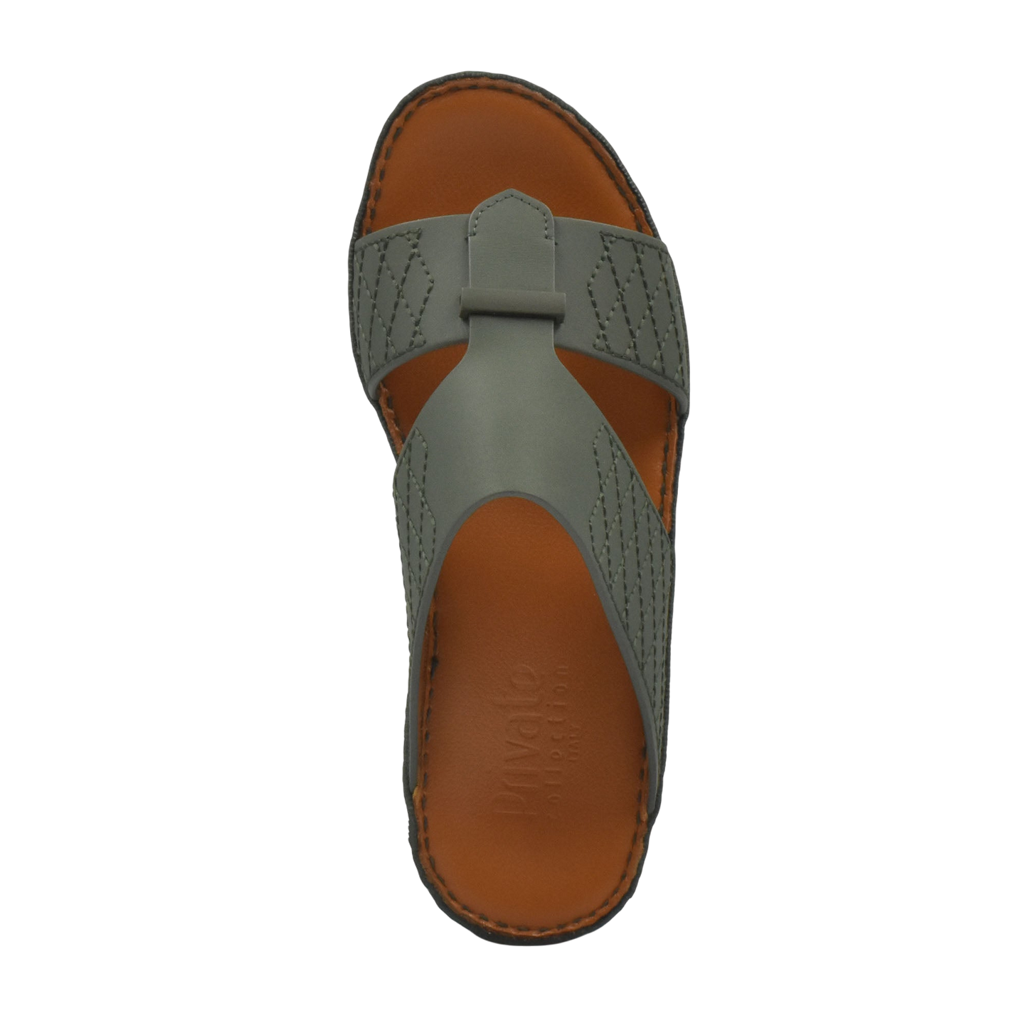 Top view of gray designer leather sandals with brown cushioned sole from Private Collection