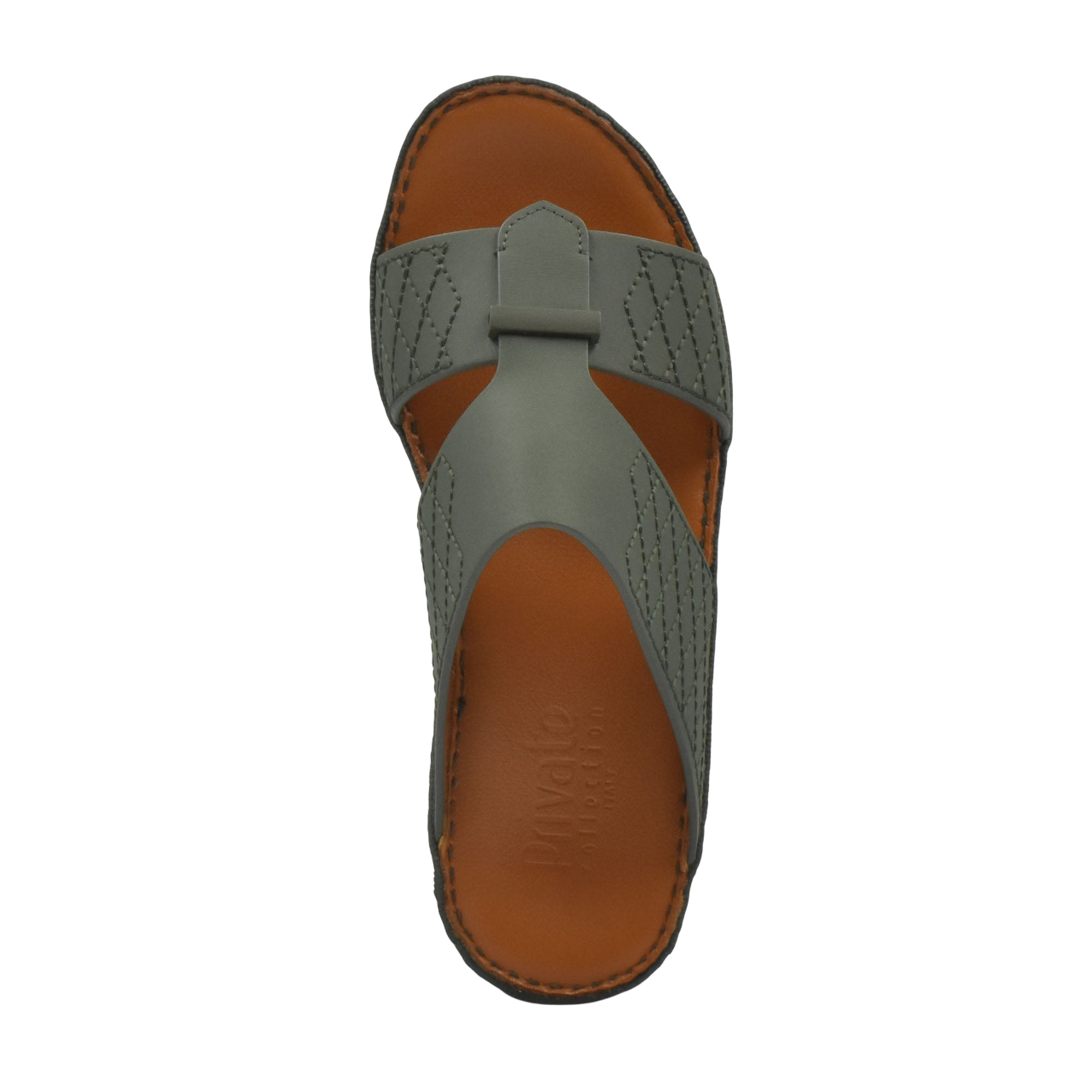 Top view of gray designer leather sandals with brown cushioned sole from Private Collection