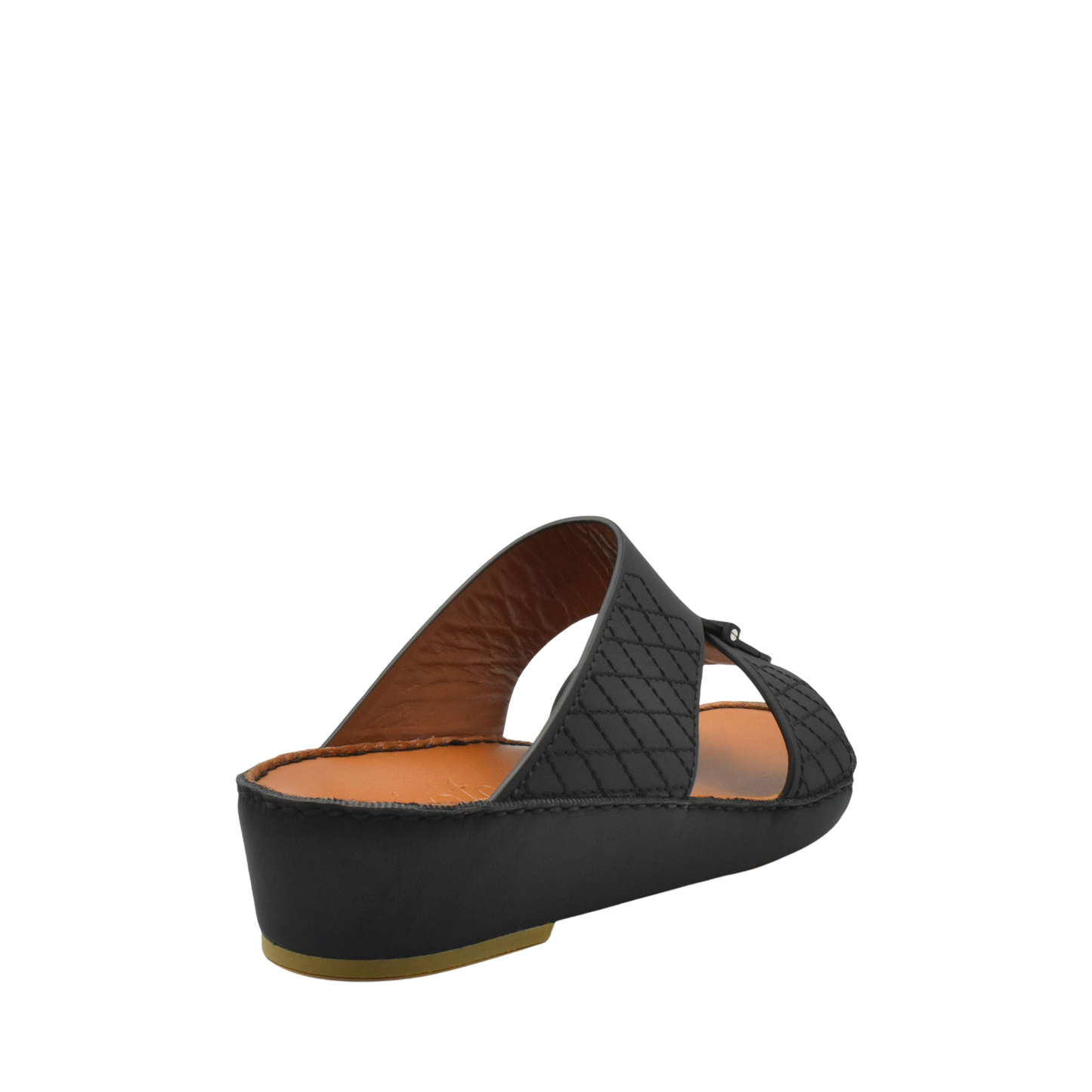Black designer leather sandals with quilted straps and cushioned brown insole from private collection