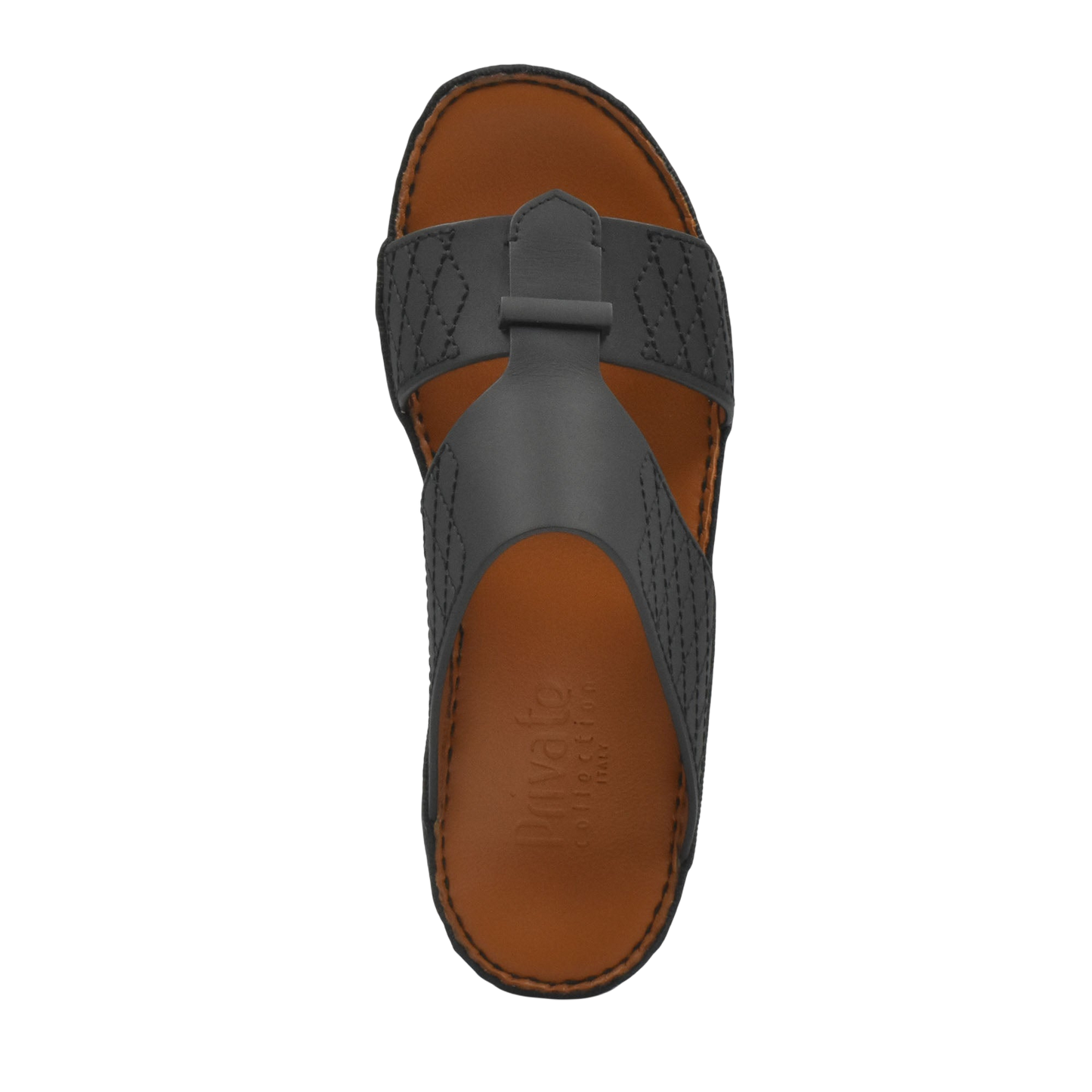 Black and brown designer leather sandals with stitched straps and cushioned footbed