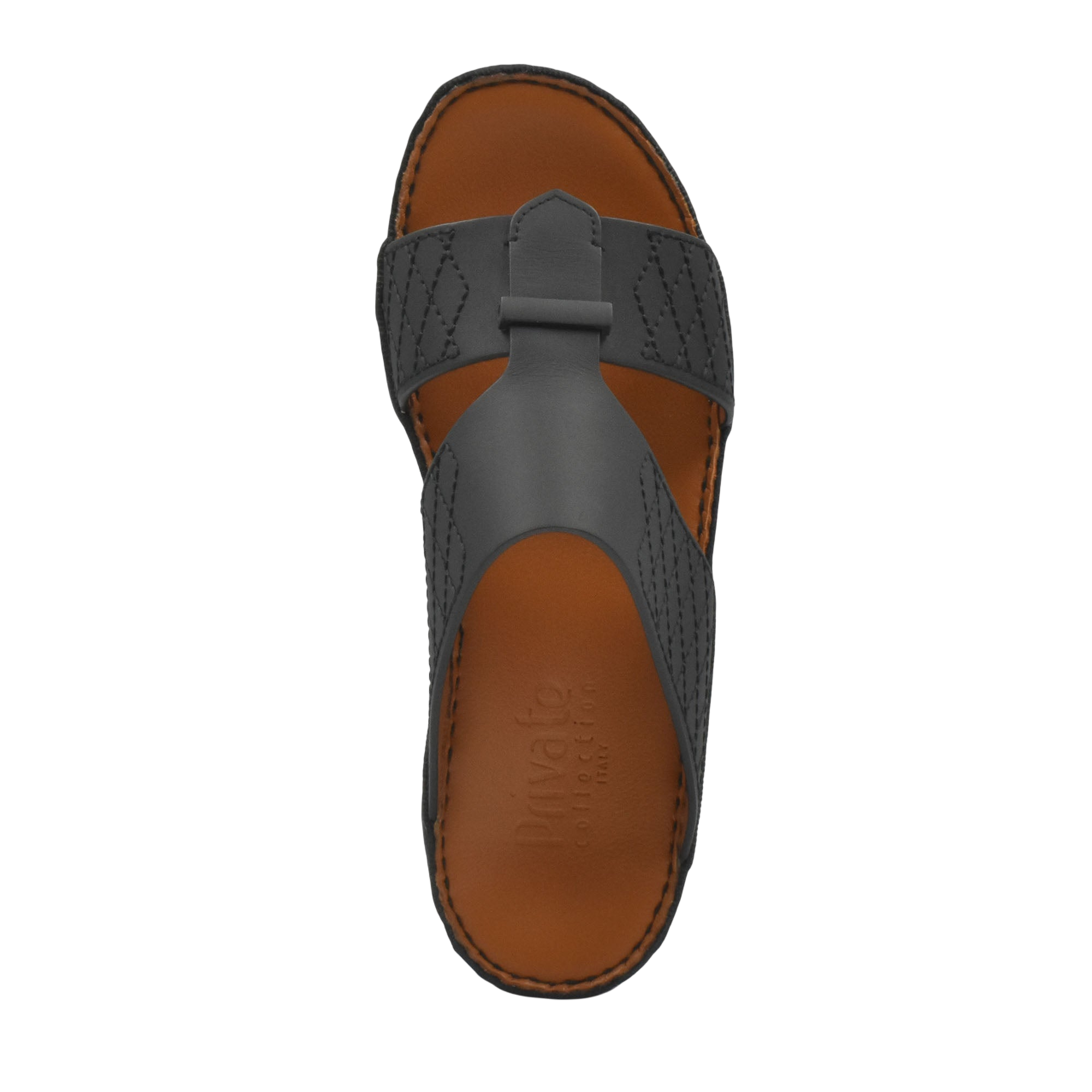 Black and brown designer leather sandals with stitched straps and cushioned footbed