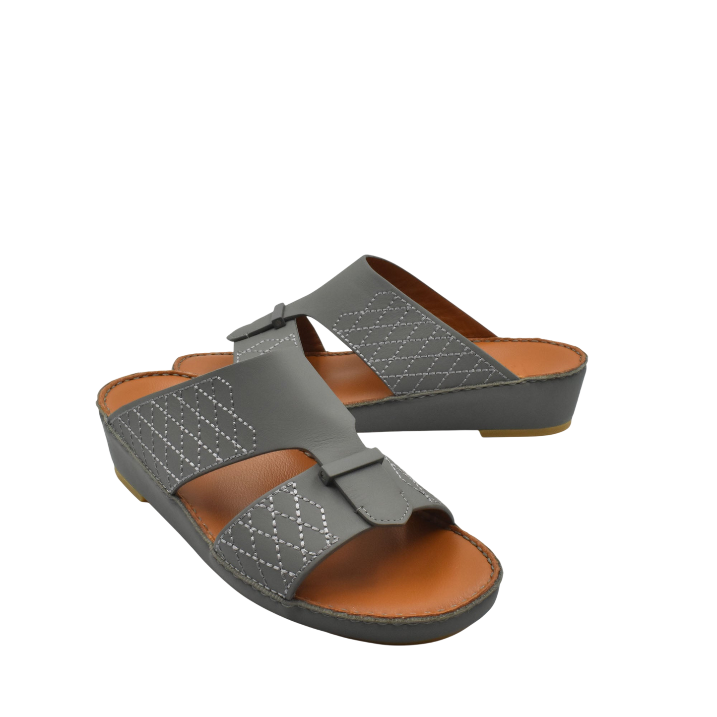 Gray designer leather sandals with stitched detailing and cushioned brown footbed for comfort