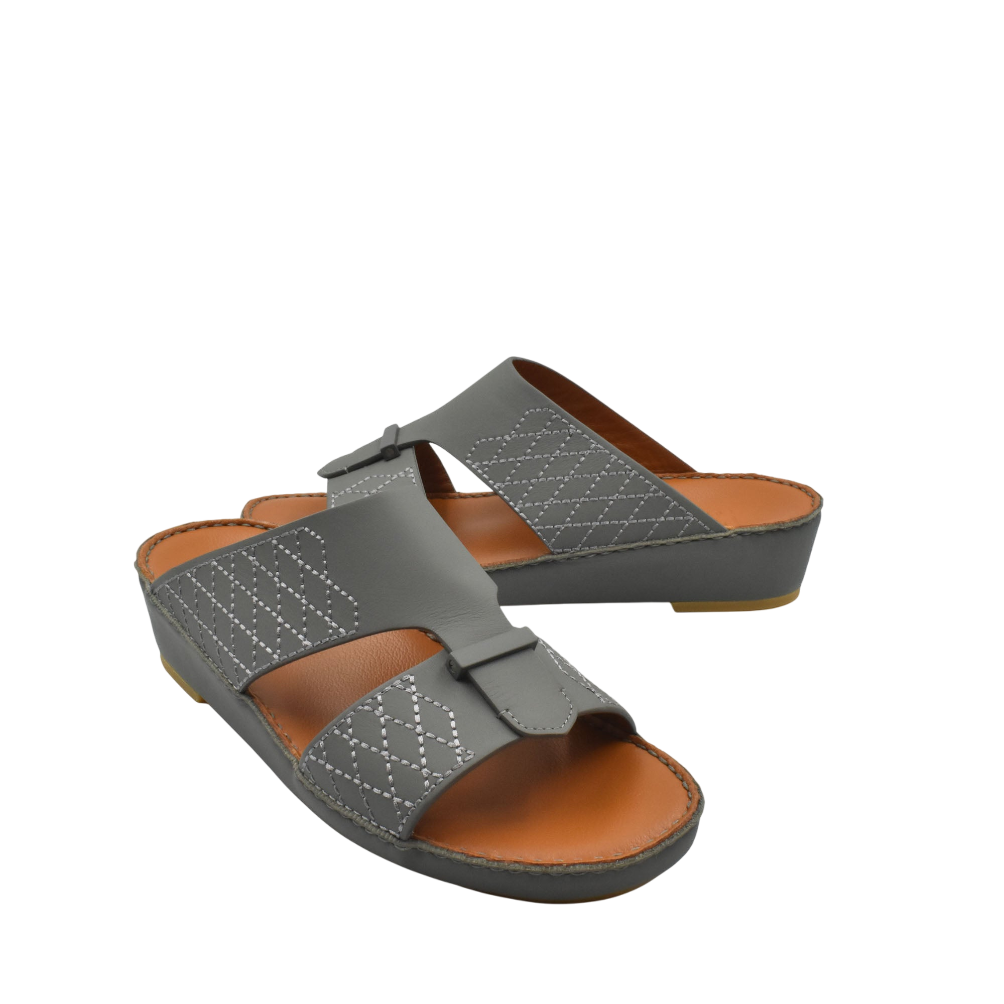 Gray designer leather sandals with stitched detailing and cushioned brown footbed for comfort