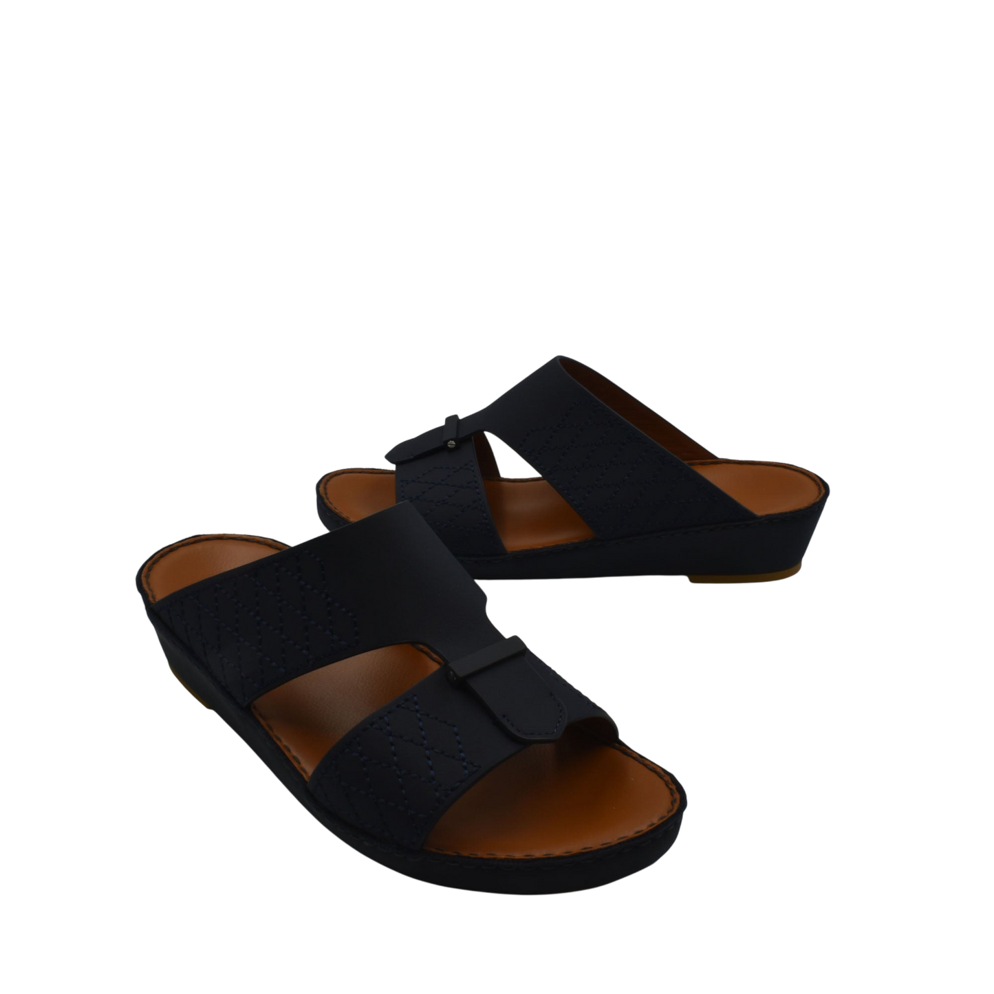 Black designer leather sandals with wide straps and cushioned brown footbed from Private Collection