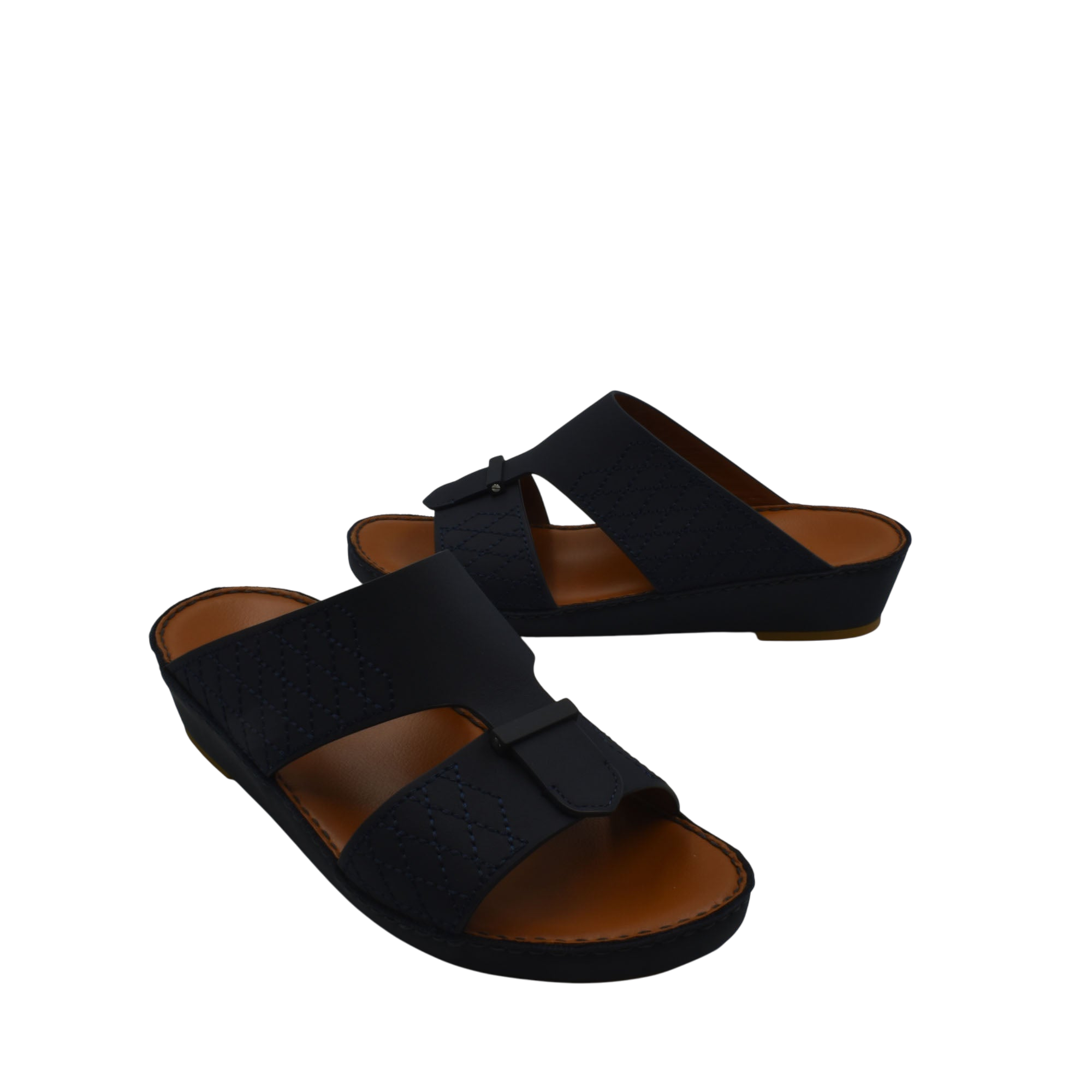 Black designer leather sandals with wide straps and cushioned brown footbed from Private Collection