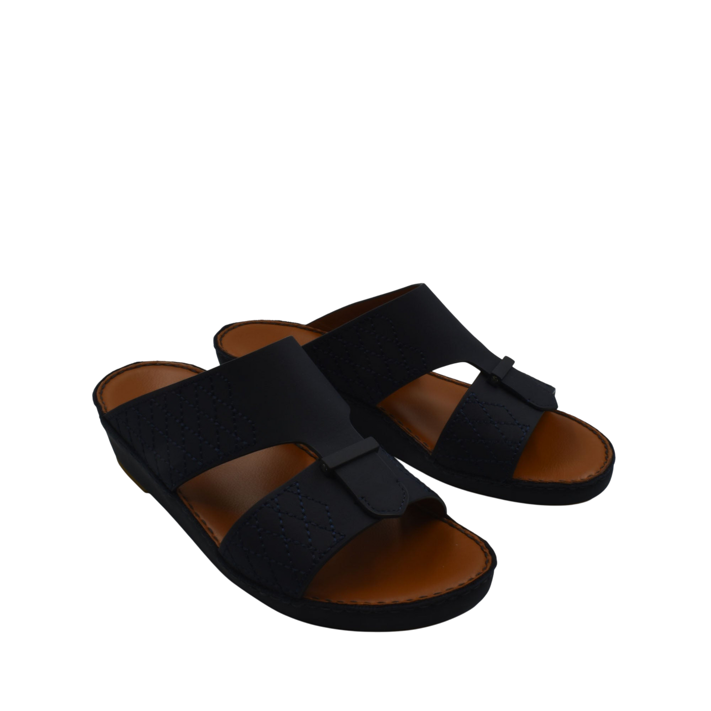 Black designer leather sandals with wide straps and open toe on white background