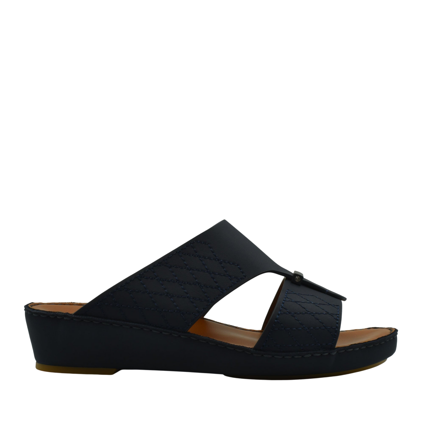 Black designer leather sandals with quilted straps and comfortable wedge sole