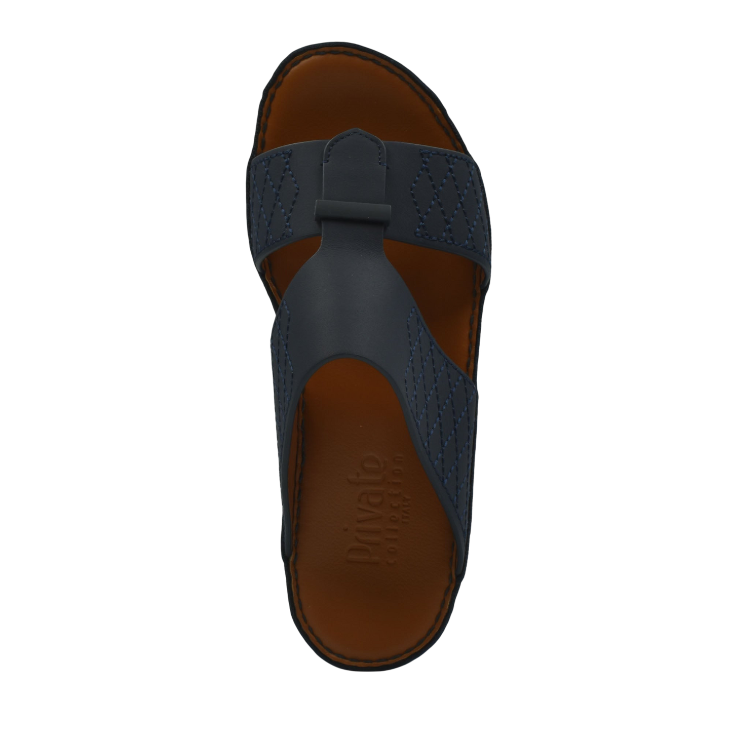 Top view of black designer leather sandals with brown footbed from private collection