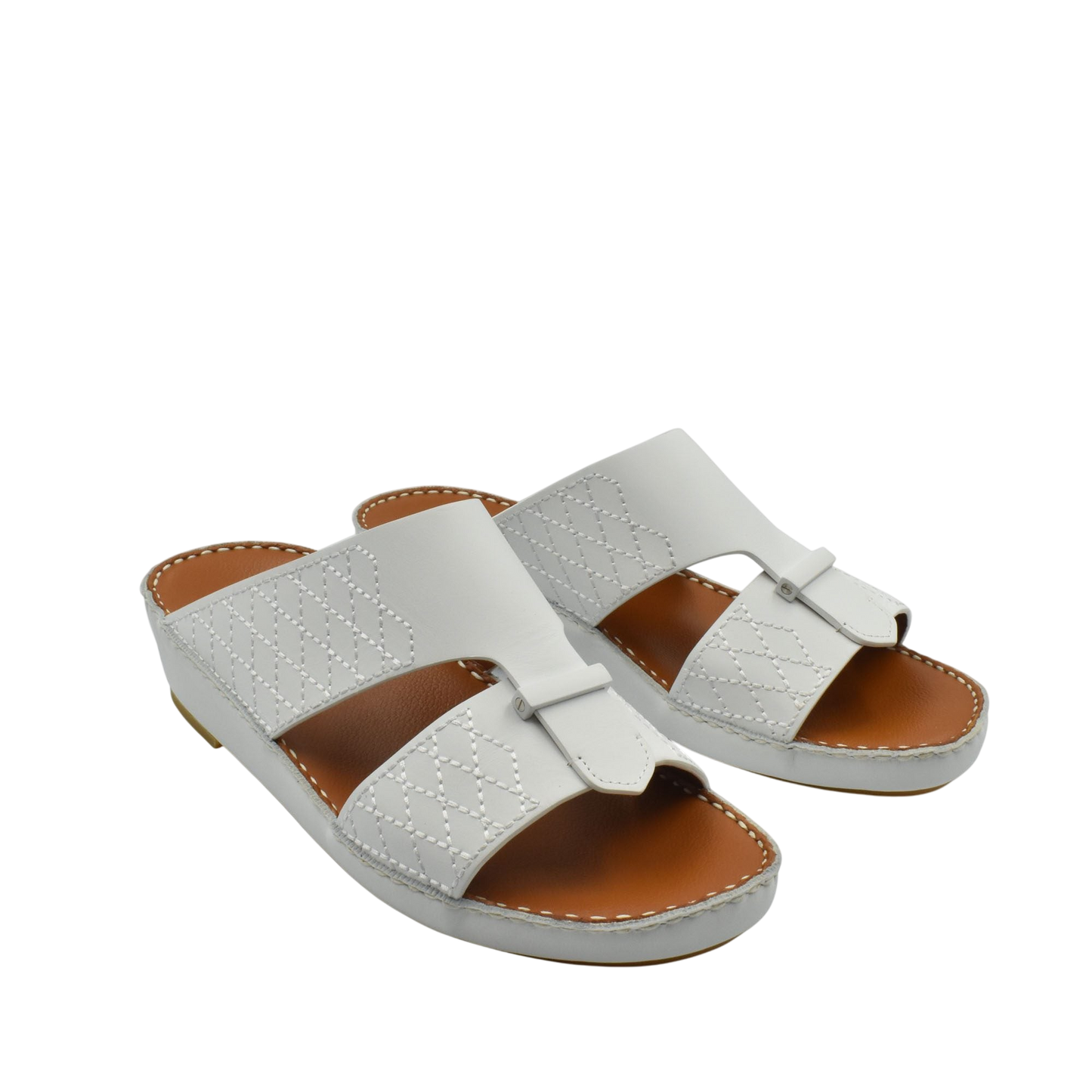 White designer leather sandals with quilted stitching and open toe slip-on style