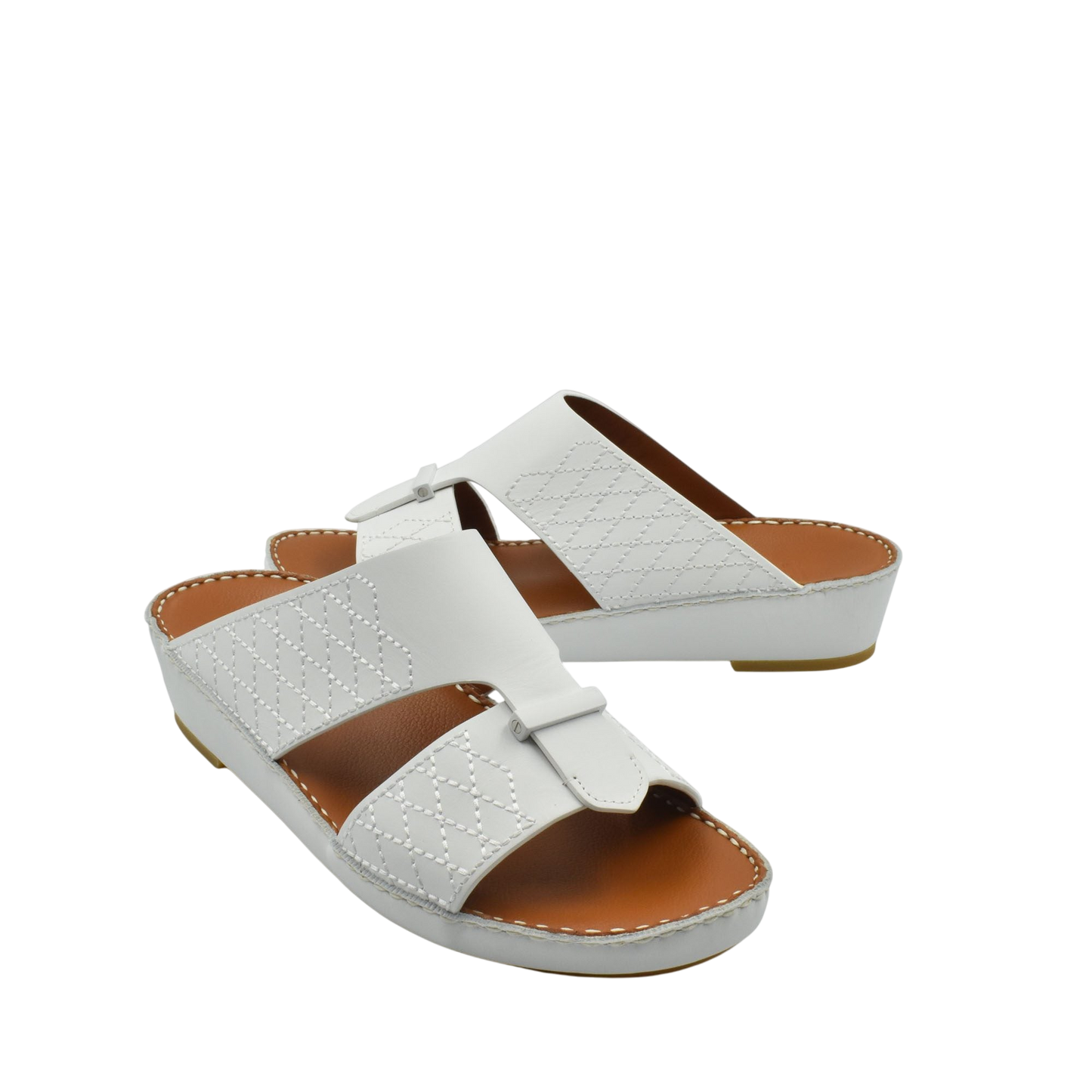 White designer leather sandals with stitched detailing and open toe from private collection