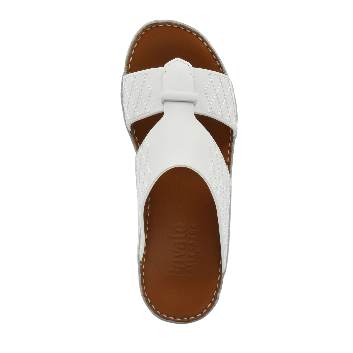 White designer leather sandals with brown footbed and stitched detailing from Private collection