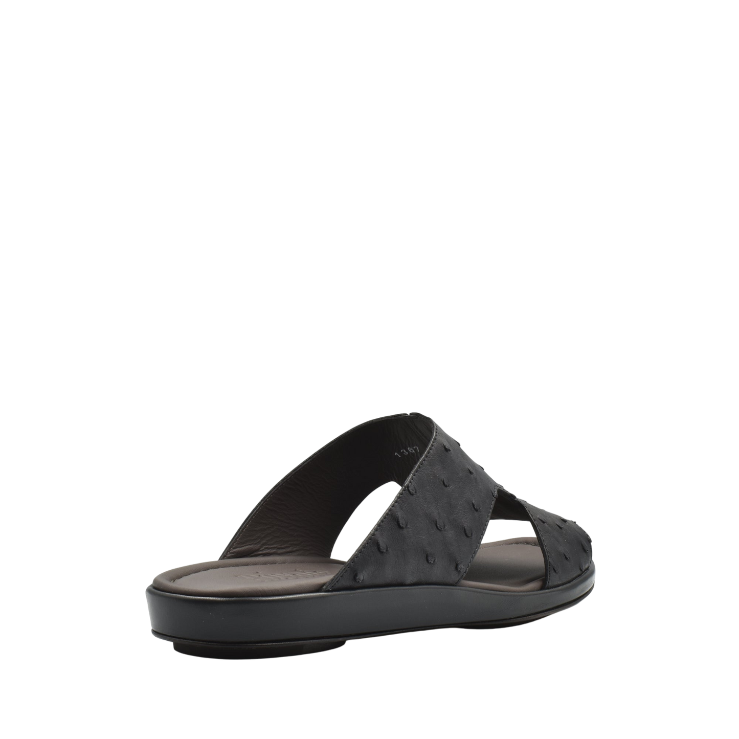 Black ostrich skin slide sandals with open toe and comfortable cushioned sole