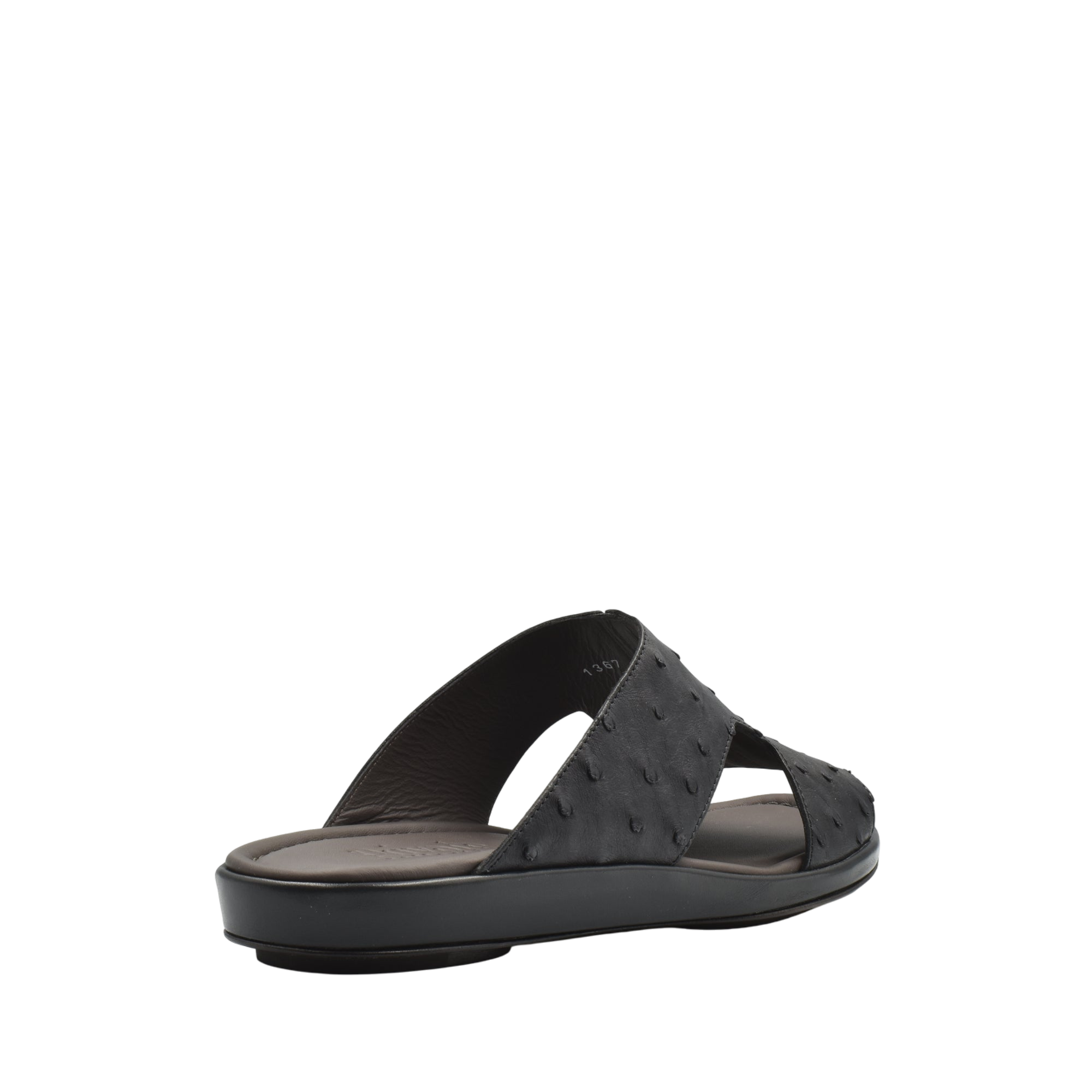 Black ostrich skin slide sandals with open toe and comfortable cushioned sole
