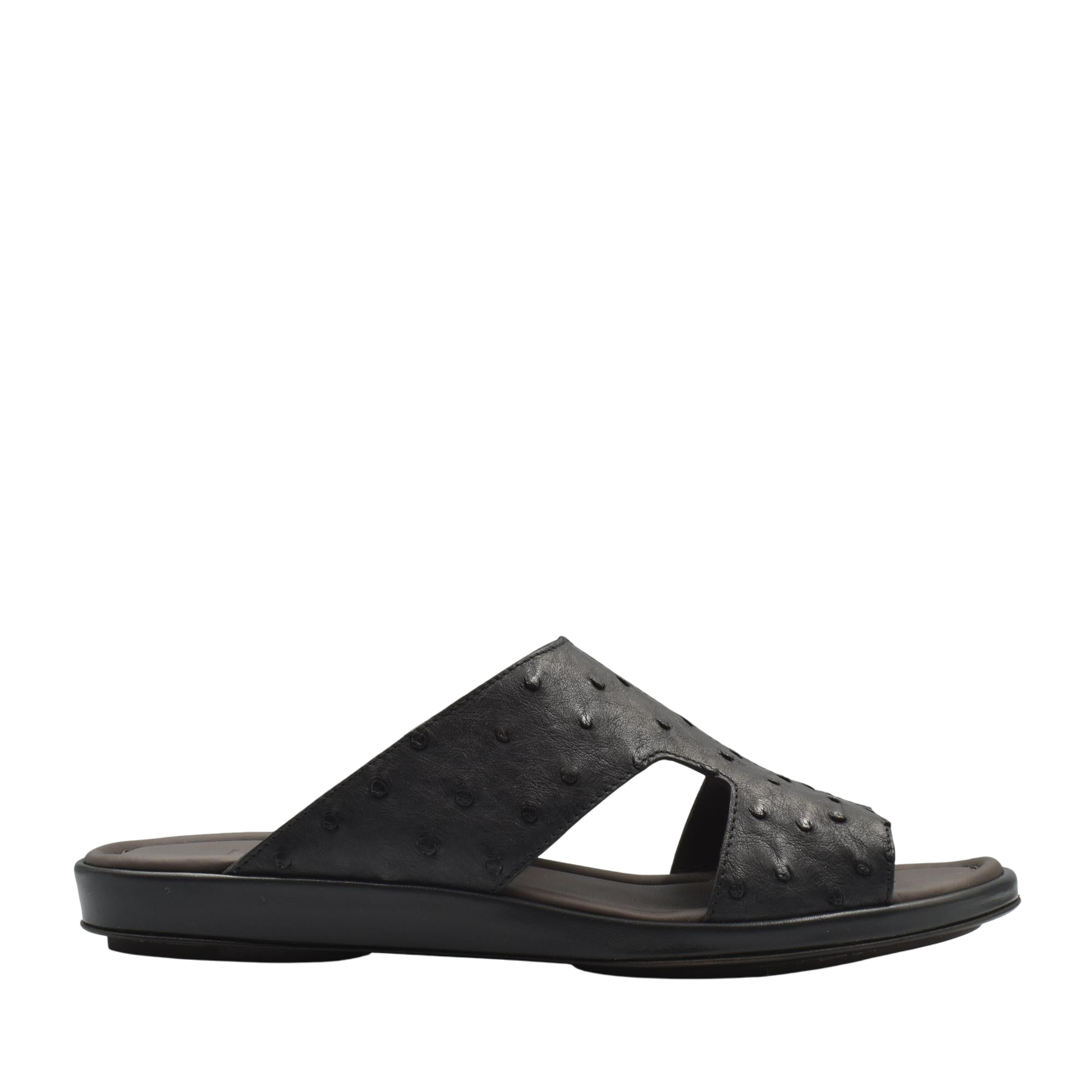 Black ostrich skin slide sandals with textured upper and comfortable sole from Private collection