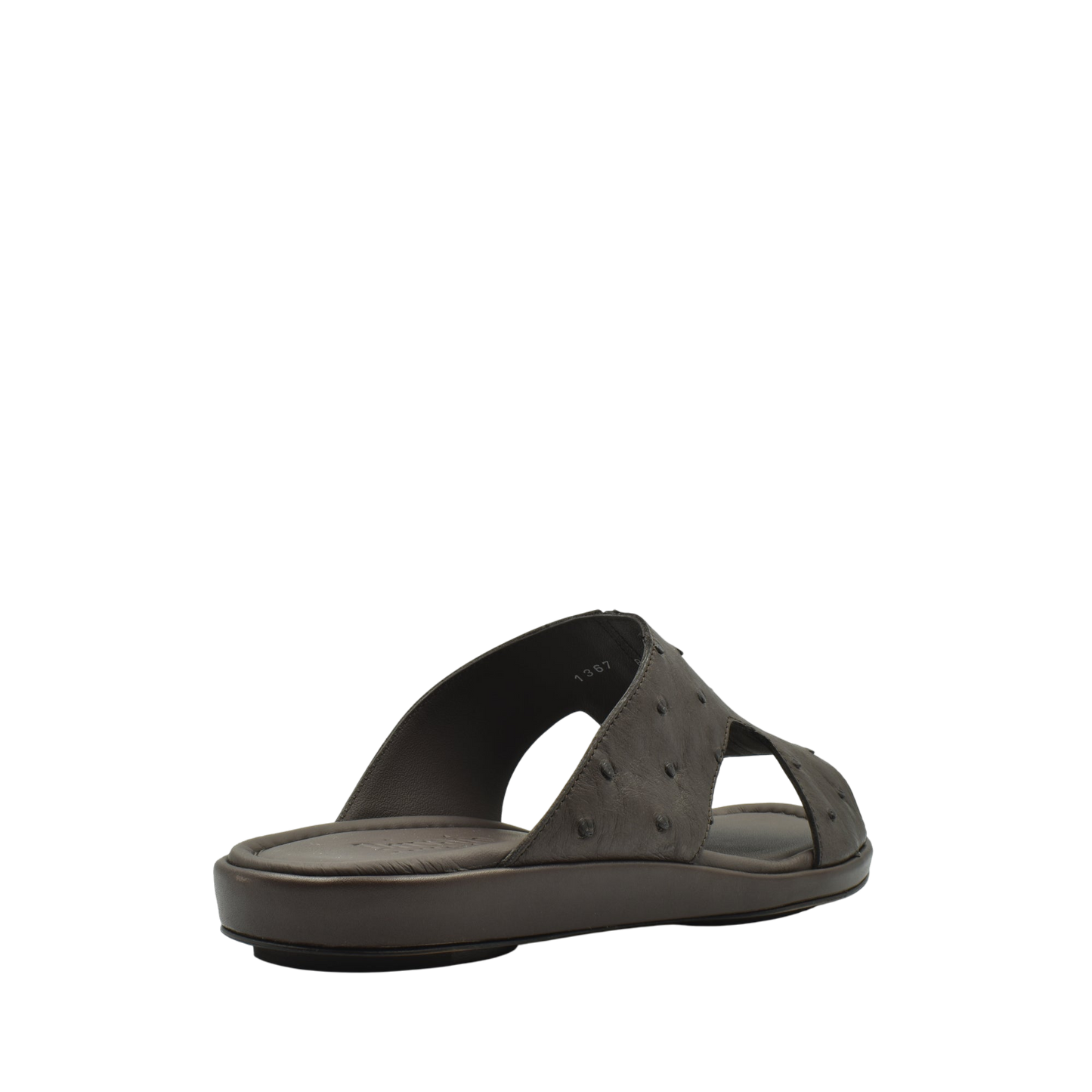 Brown ostrich skin slide sandals with textured upper and cushioned sole for comfortable wear
