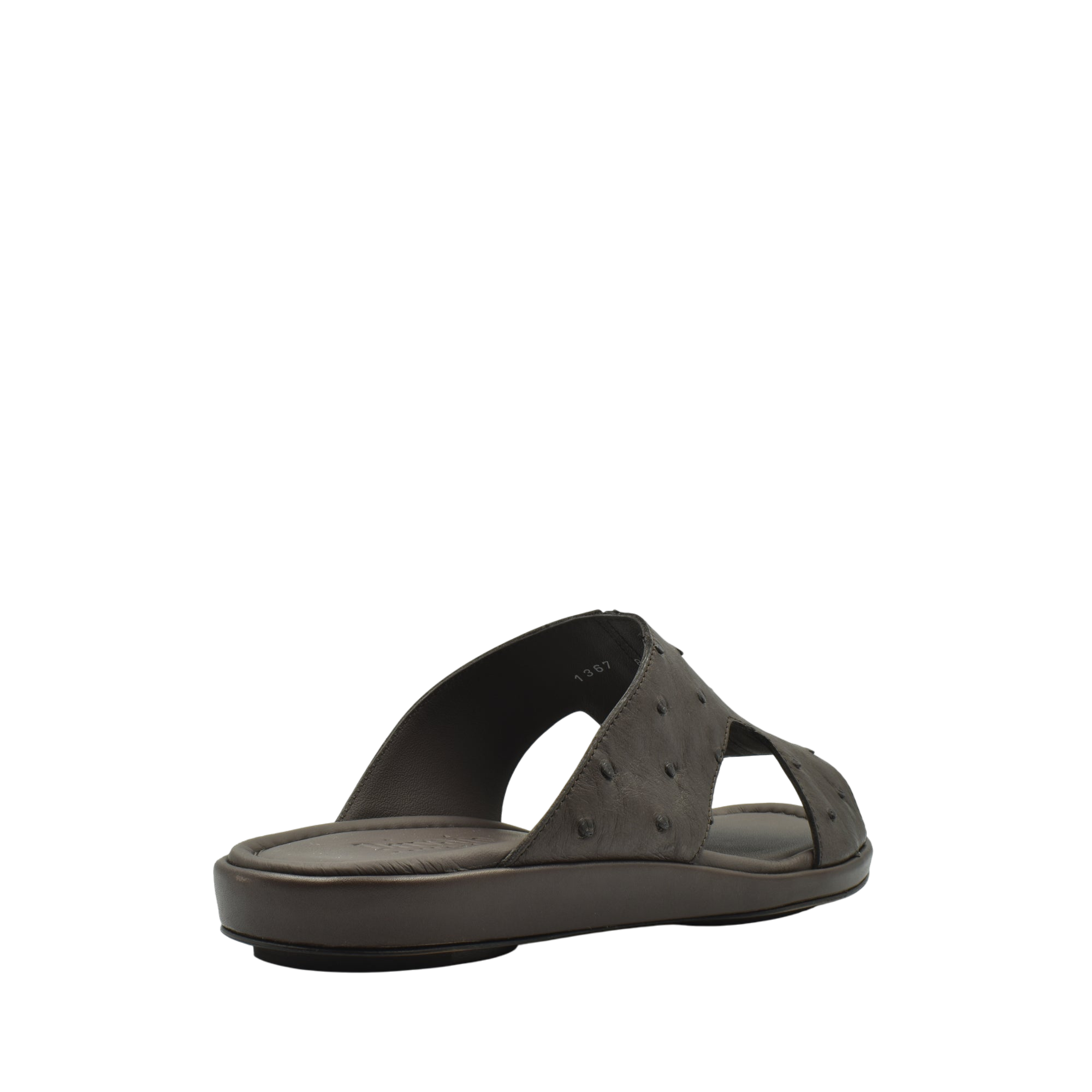Brown ostrich skin slide sandals with textured upper and cushioned sole for comfortable wear