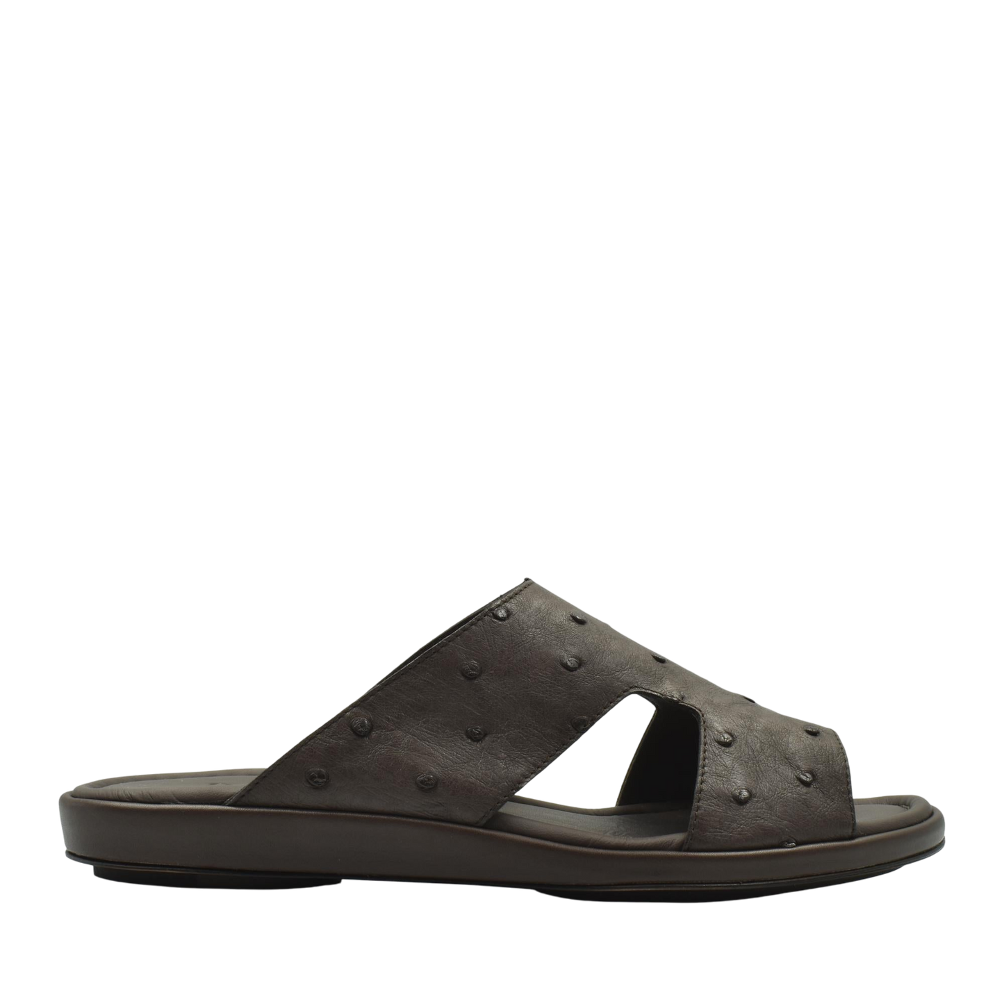 Brown ostrich skin slide sandals with open toe and comfortable flat sole