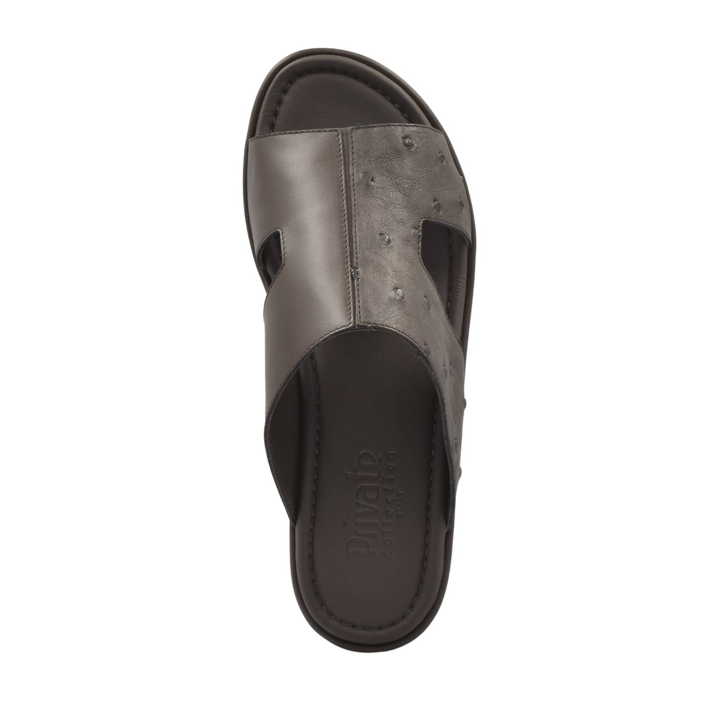 Top view of brown ostrich skin slide sandals with cushioned footbed from Private Collection
