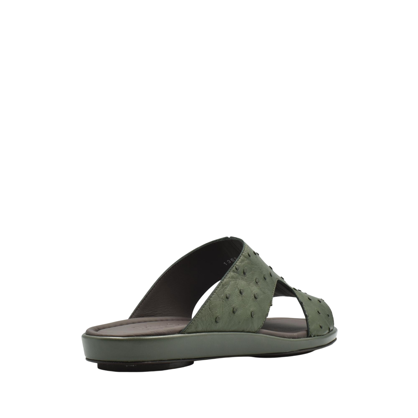 Green ostrich skin slide sandals with textured leather straps and cushioned sole from private collection