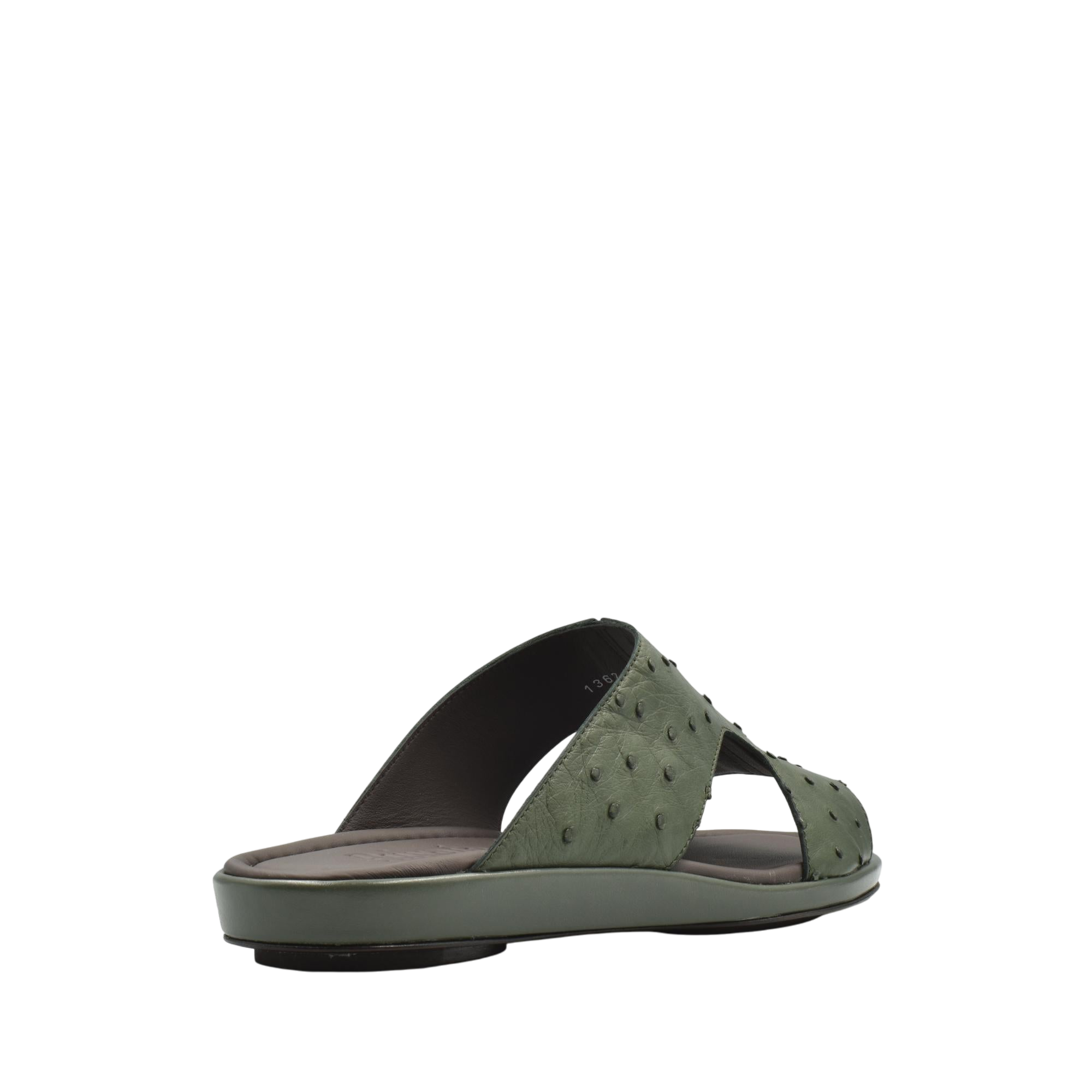 Green ostrich skin slide sandals with textured leather straps and cushioned sole from private collection