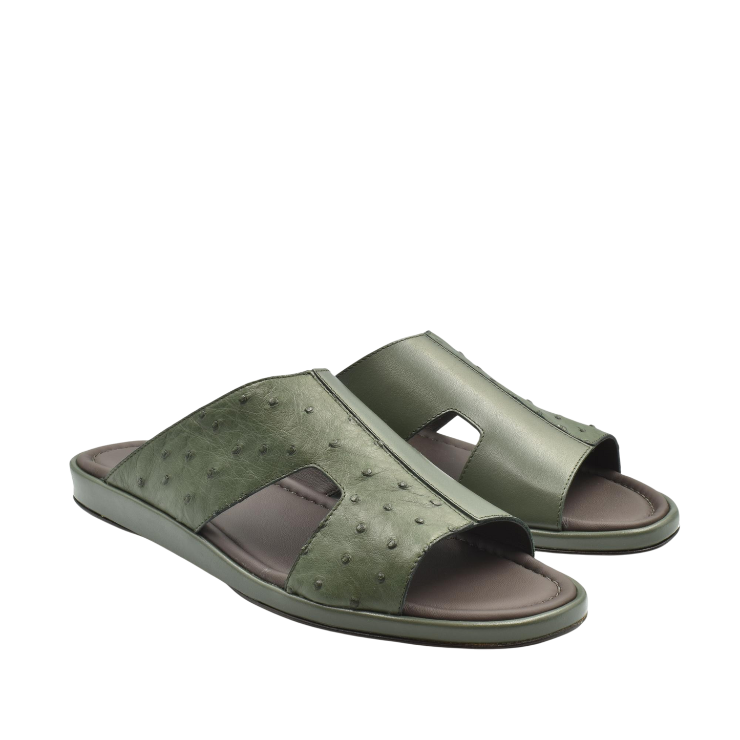 Green ostrich skin slide sandals with open toe and comfortable cushioned sole