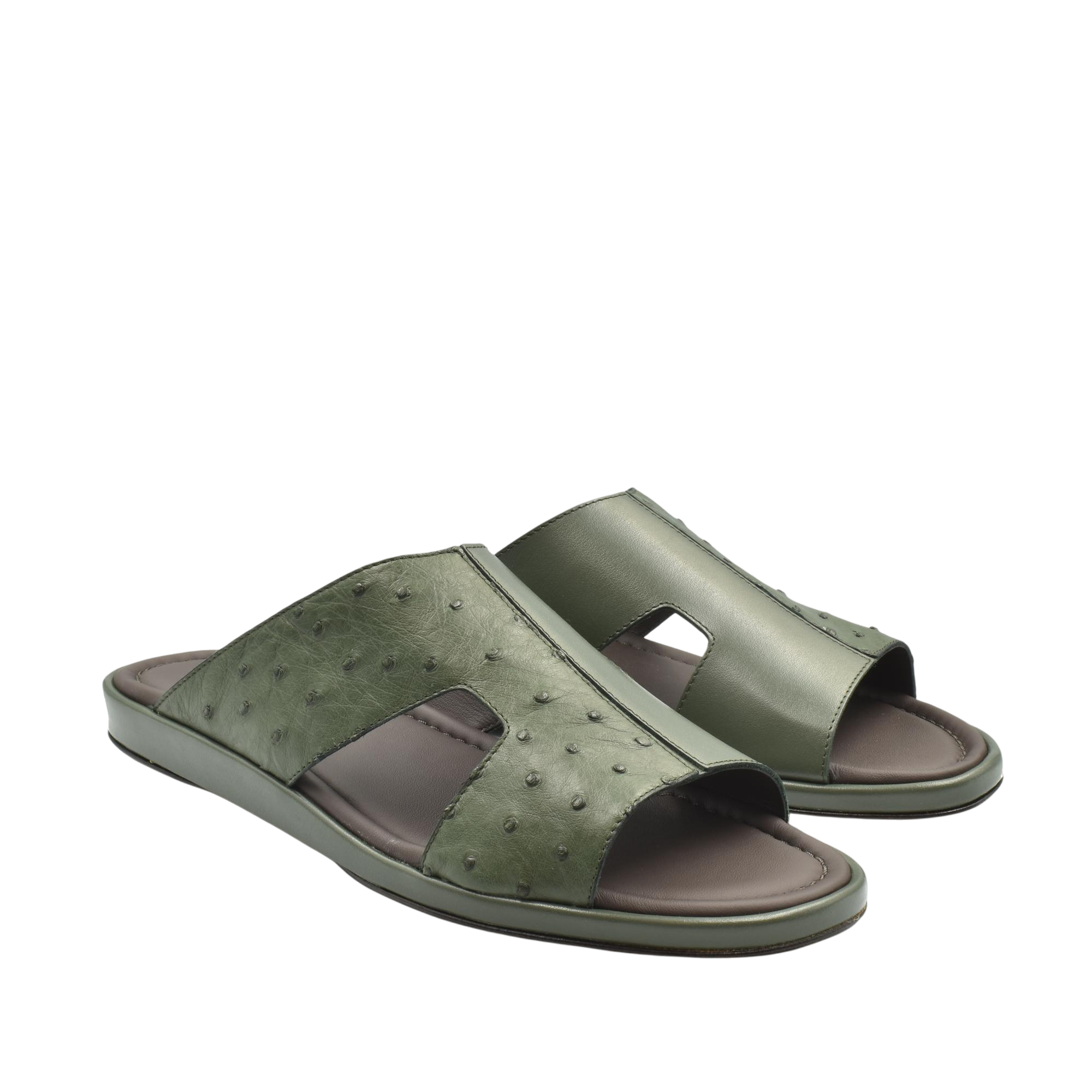 Green ostrich skin slide sandals with open toe and comfortable cushioned sole