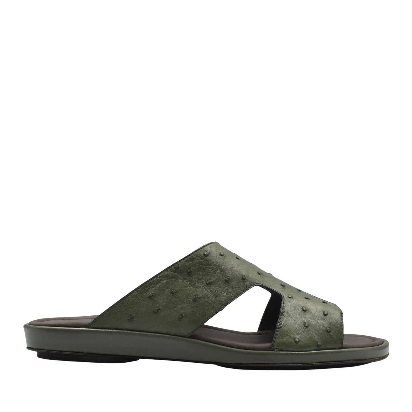 Green ostrich skin slide sandals with textured leather upper and flat sole for casual wear