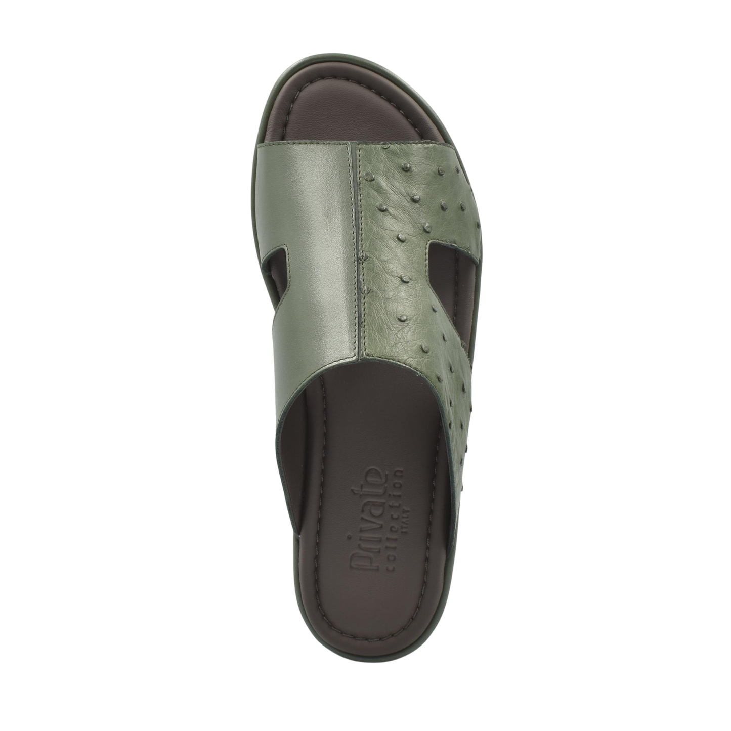 Olive green ostrich skin slide sandals with textured leather upper and cushioned footbed