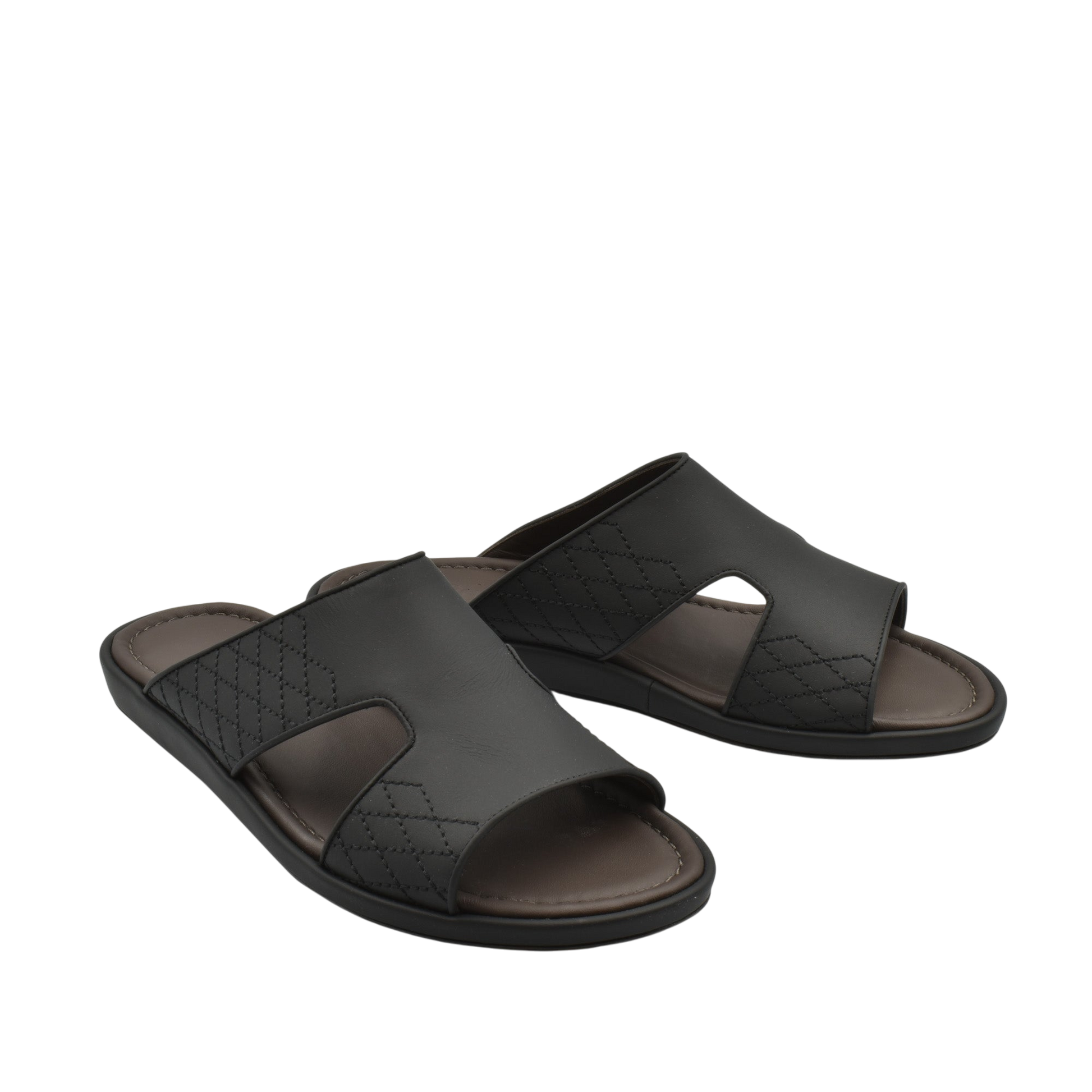 Black luxury arca sandals with quilted leather upper and cushioned footbed for comfort