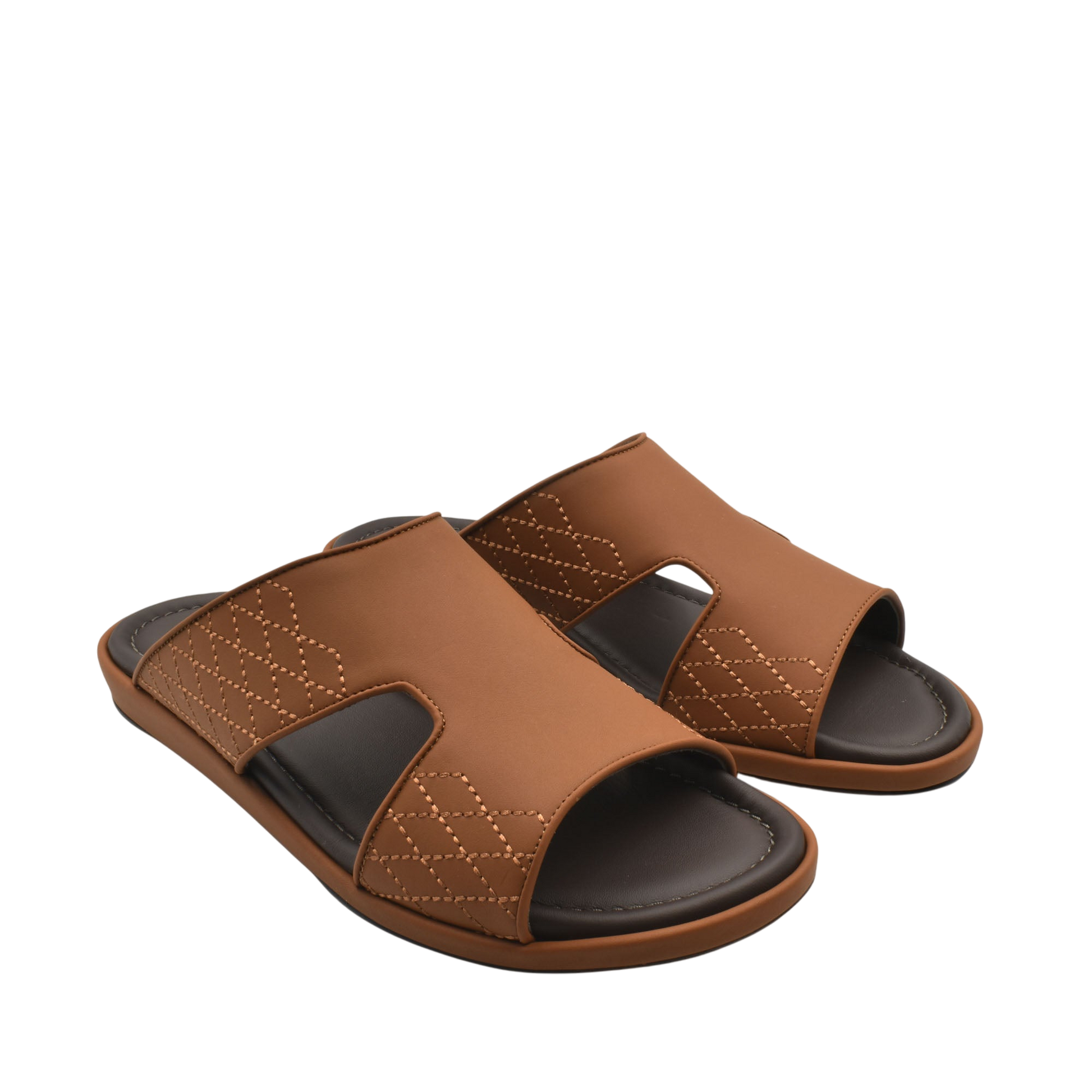 Brown leather luxury arca sandals with cushioned black footbed and stitched detailing