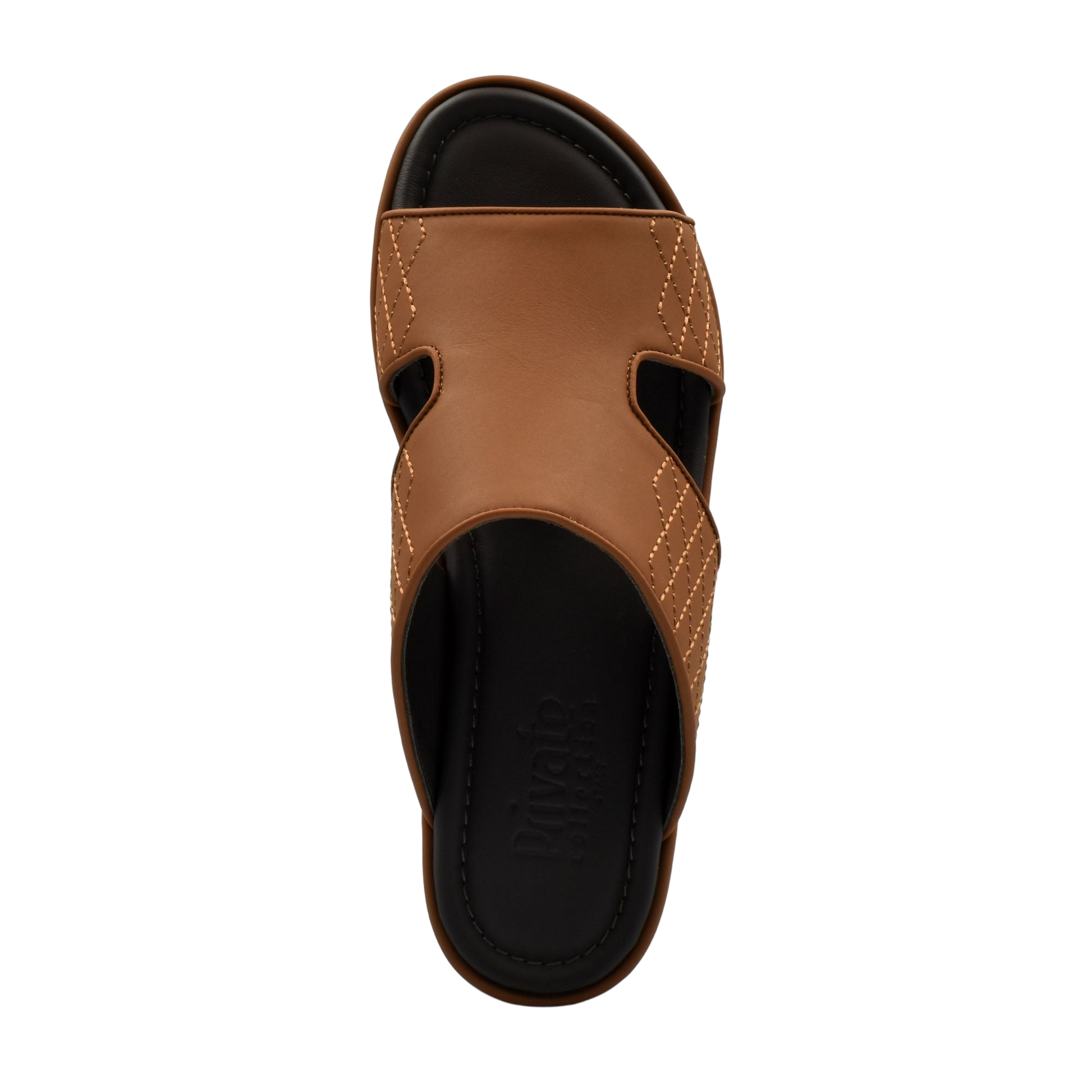 Top view of brown luxury arca sandals with black cushioned footbed from Private collection