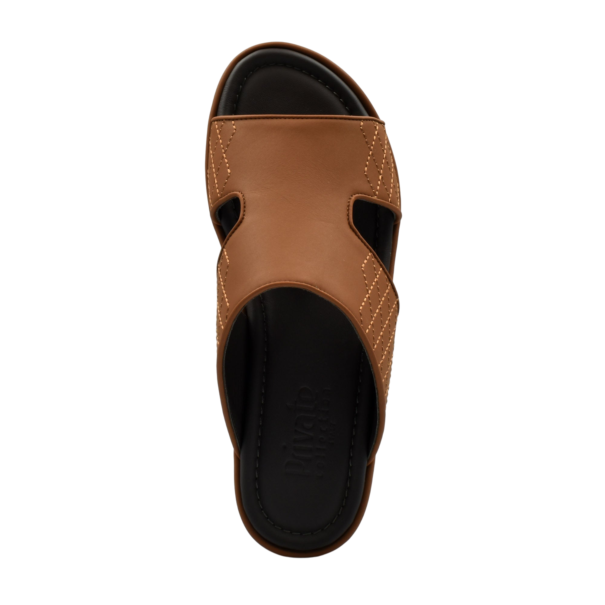 Top view of brown luxury arca sandals with black cushioned footbed from Private collection