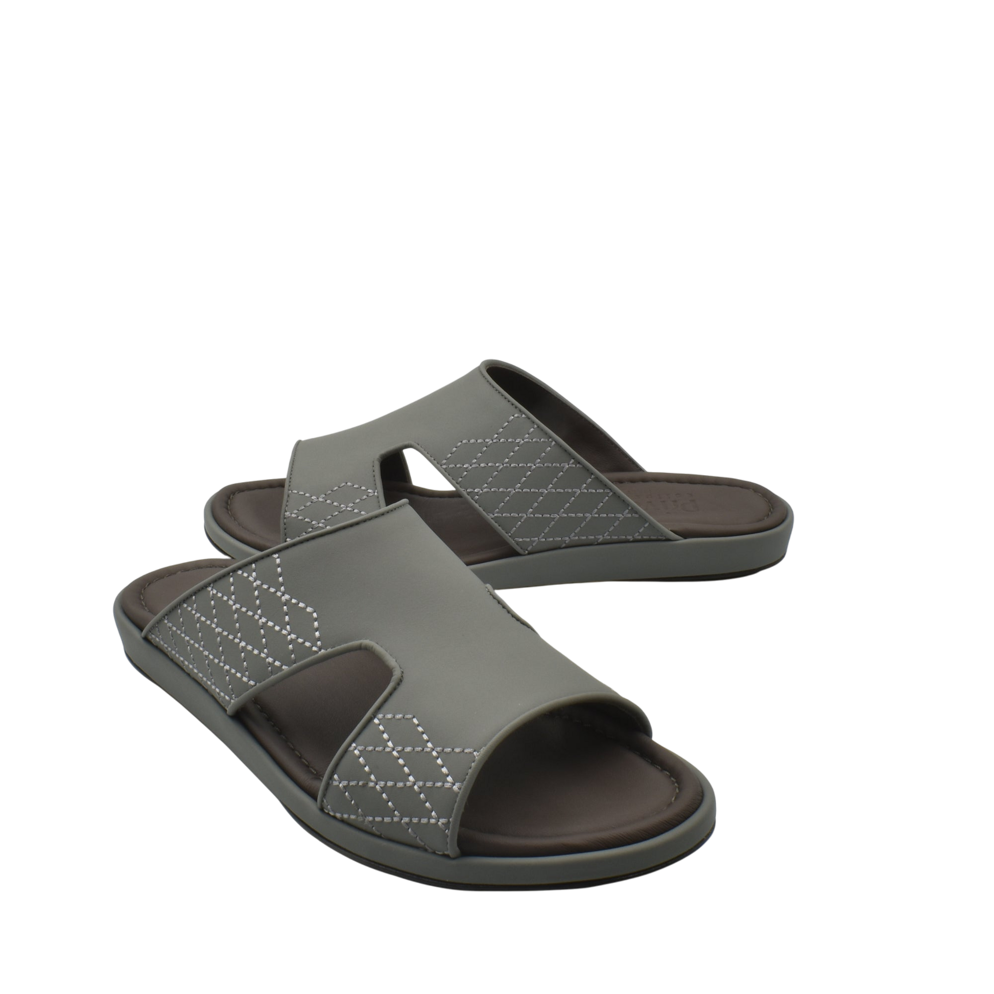 Gray slip-on luxury arca sandals with quilted stitching and comfortable footbed for casual wear