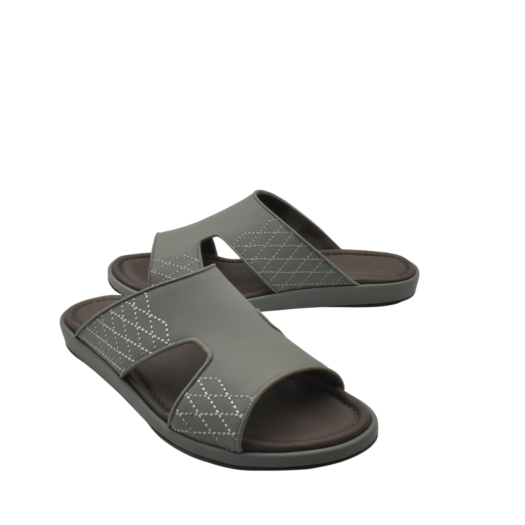 Gray slip-on luxury arca sandals with quilted stitching and comfortable footbed for casual wear