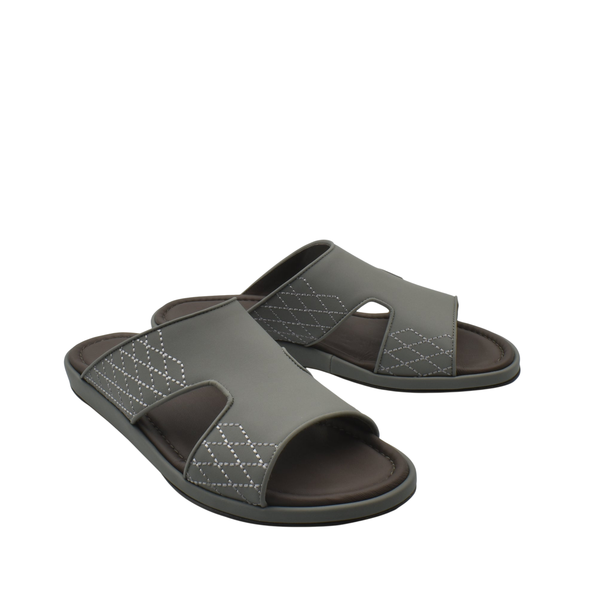 Gray slip-on luxury arca sandals with stitched diamond pattern and cushioned footbed