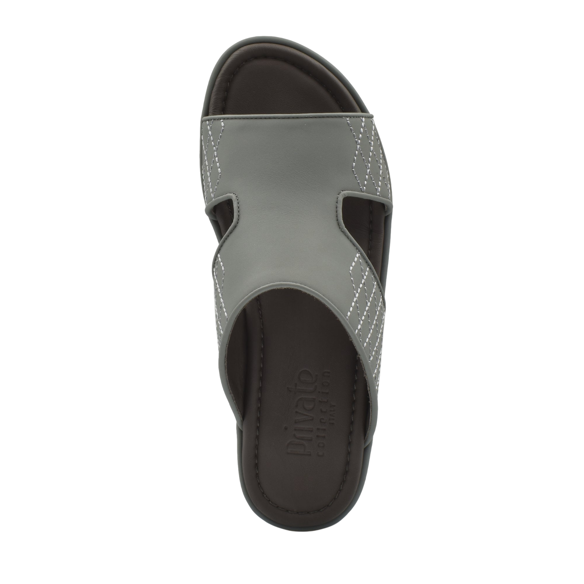 Top view of luxury arca sandals in gray with stitched detailing from Private Collection