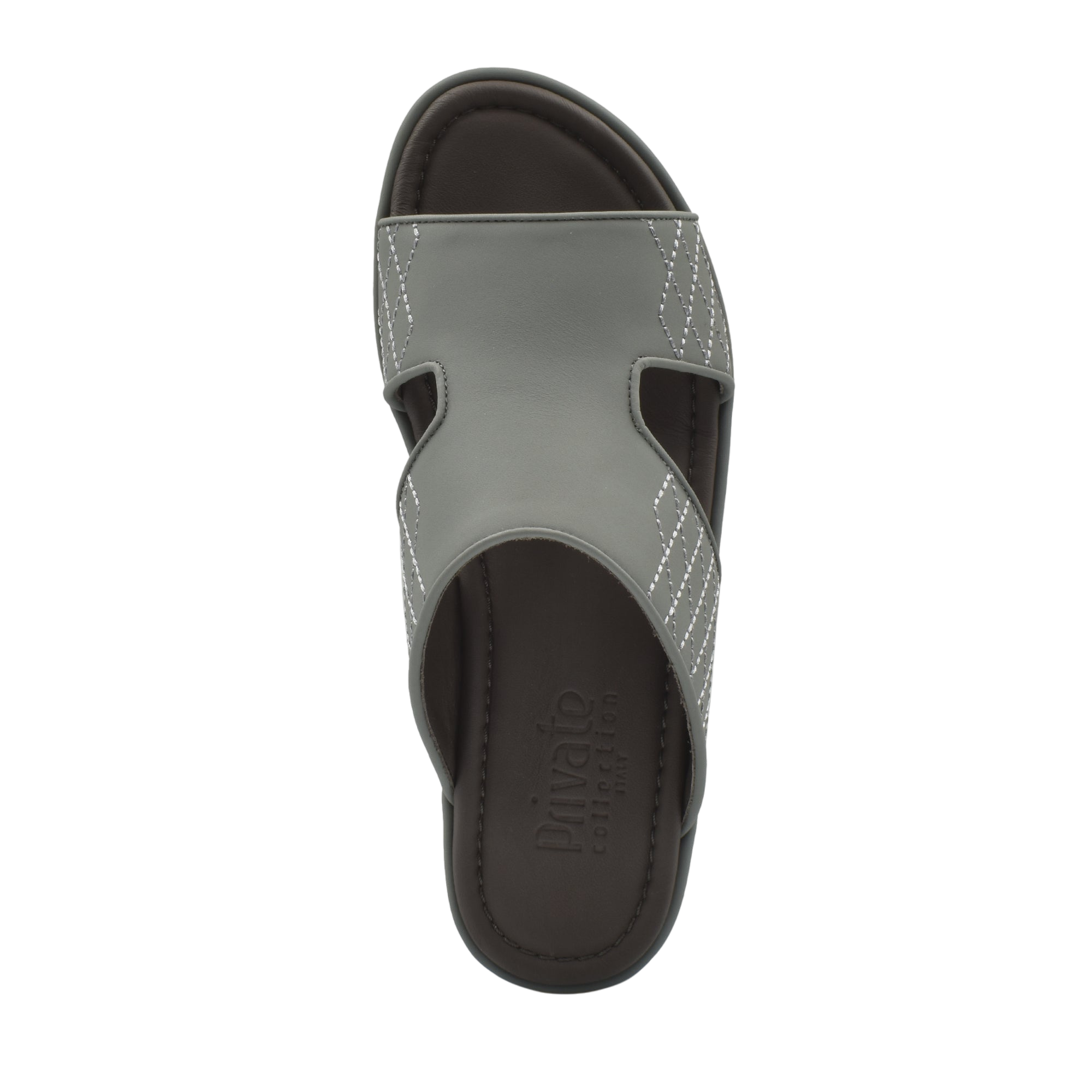 Top view of luxury arca sandals in gray with stitched detailing from Private Collection