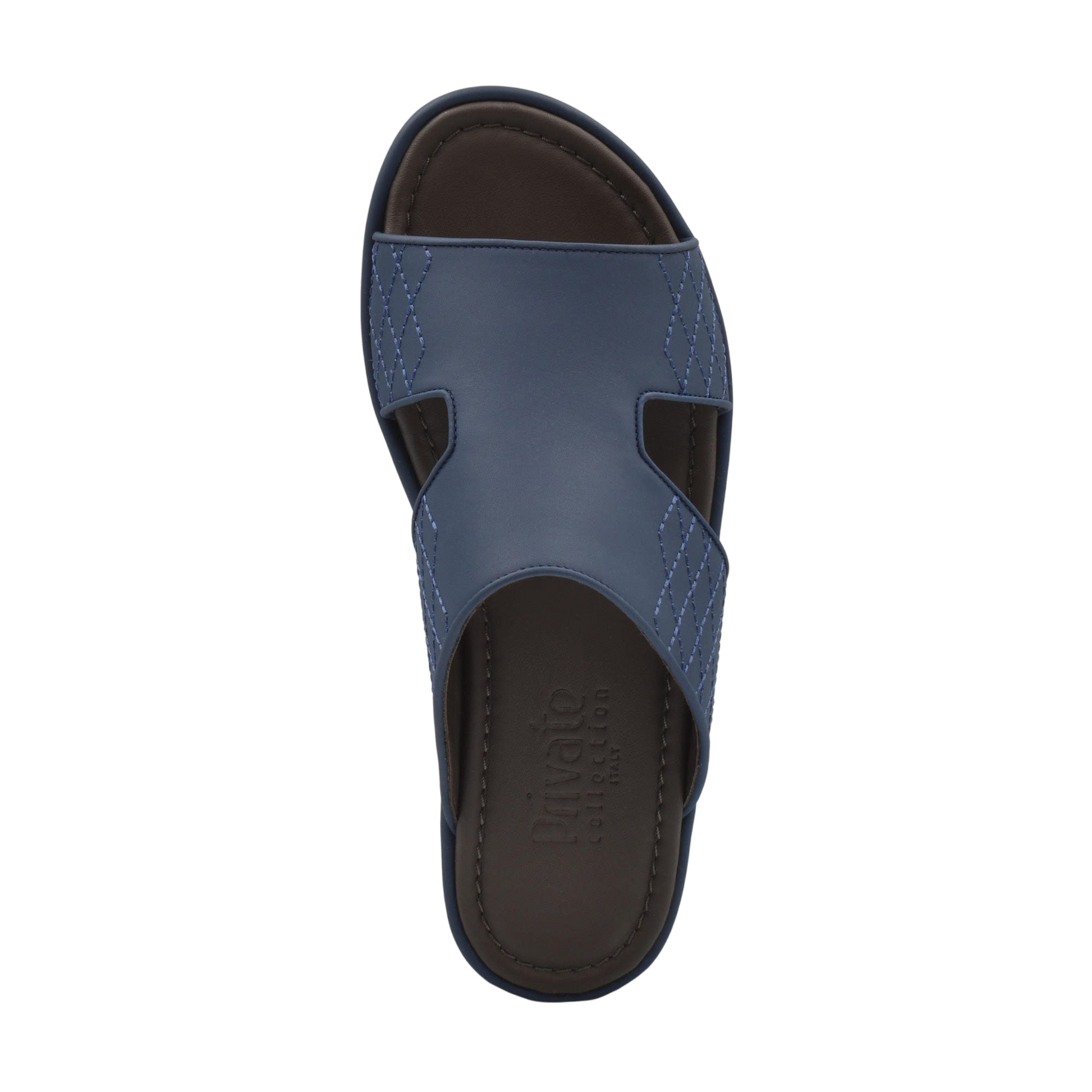 Top view of blue luxury arca sandals with stitched leather straps and cushioned footbed