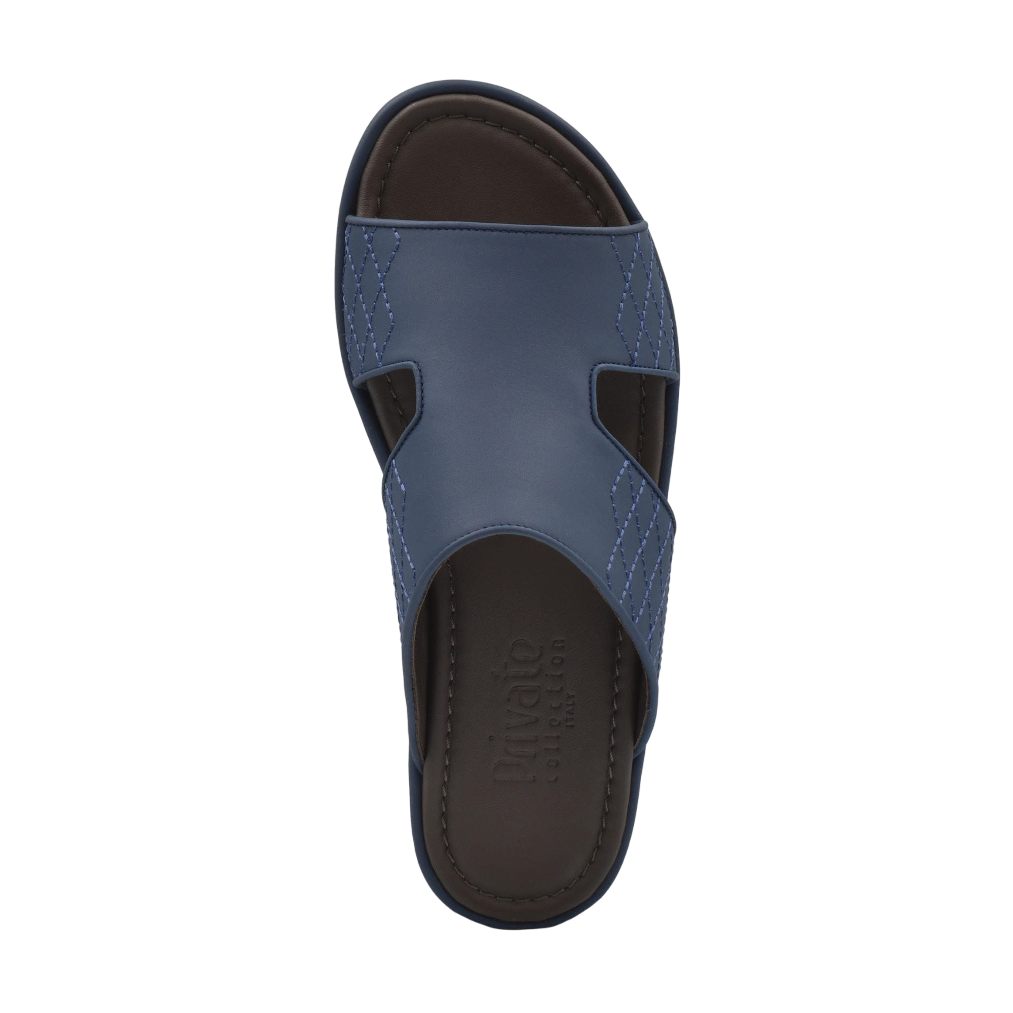 Top view of blue luxury arca sandals with stitched leather straps and cushioned footbed