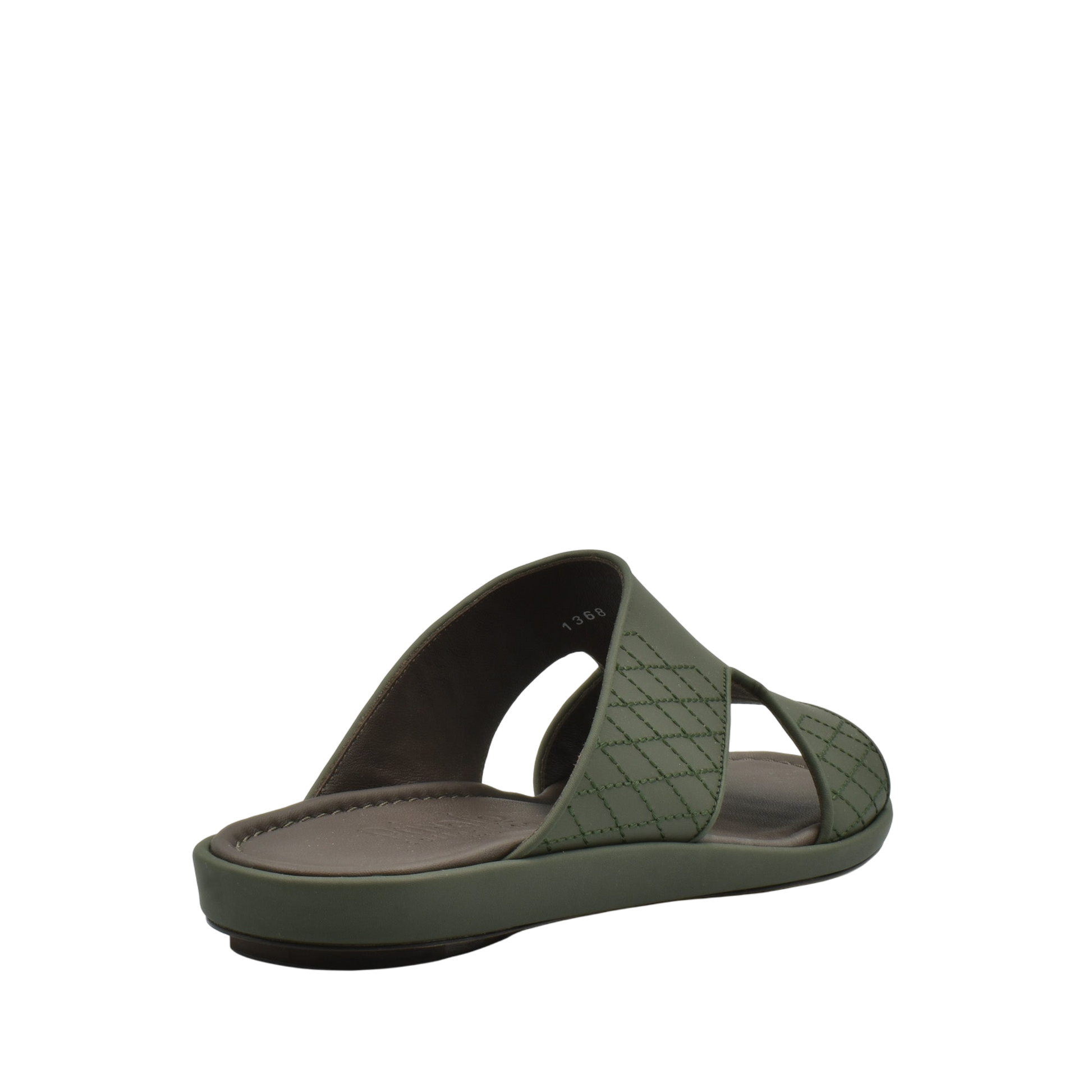 Green slip-on luxury arca sandals with quilted straps and cushioned footbed