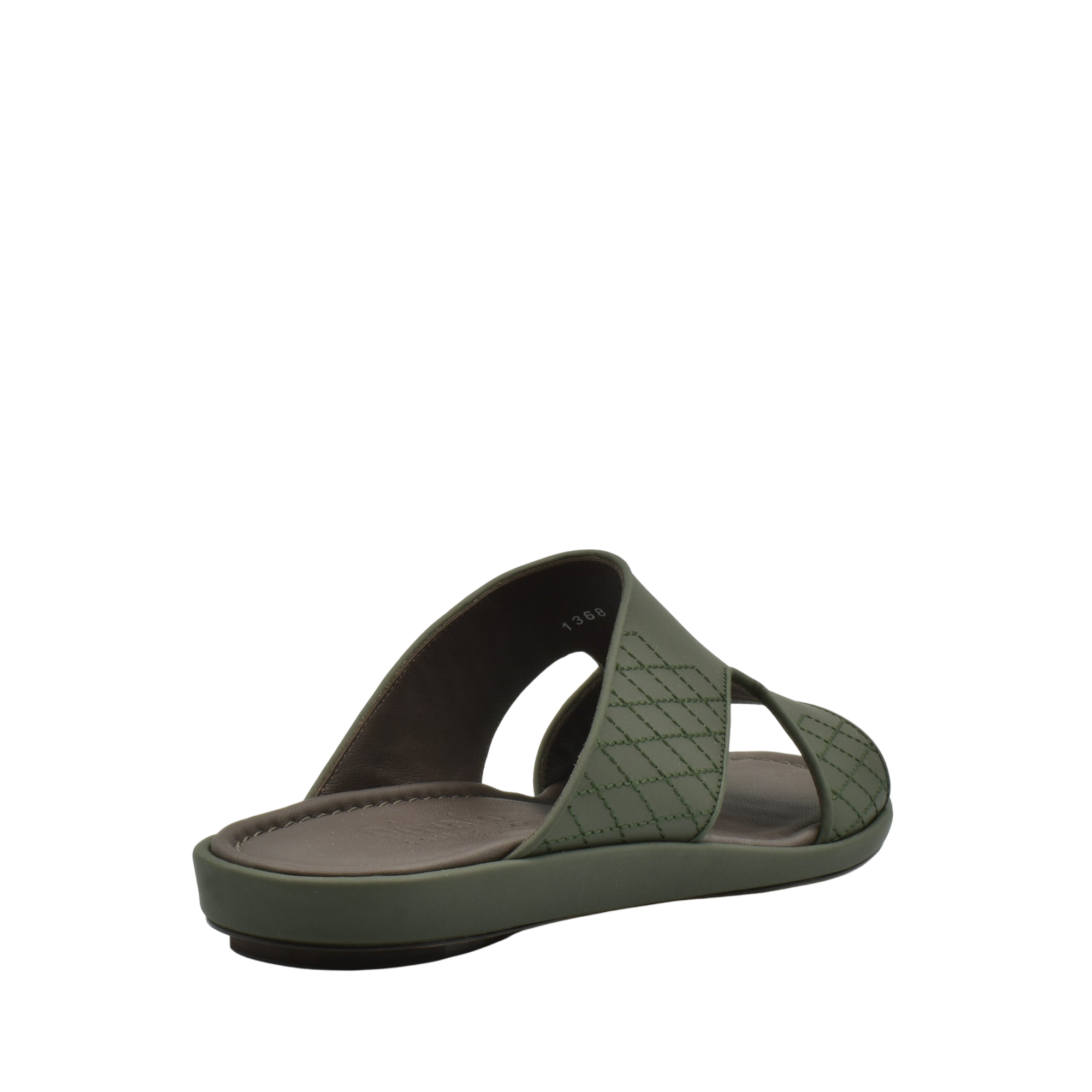 Green slip-on luxury arca sandals with quilted straps and cushioned footbed