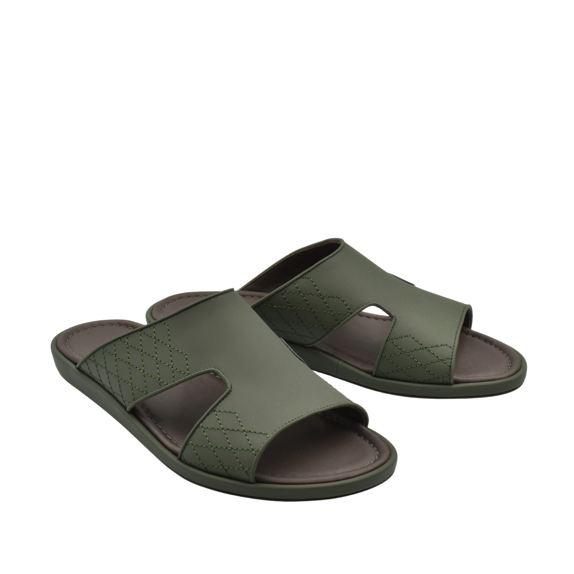 Green slip-on luxury arca sandals with open toe and stitched detailing for comfortable wear