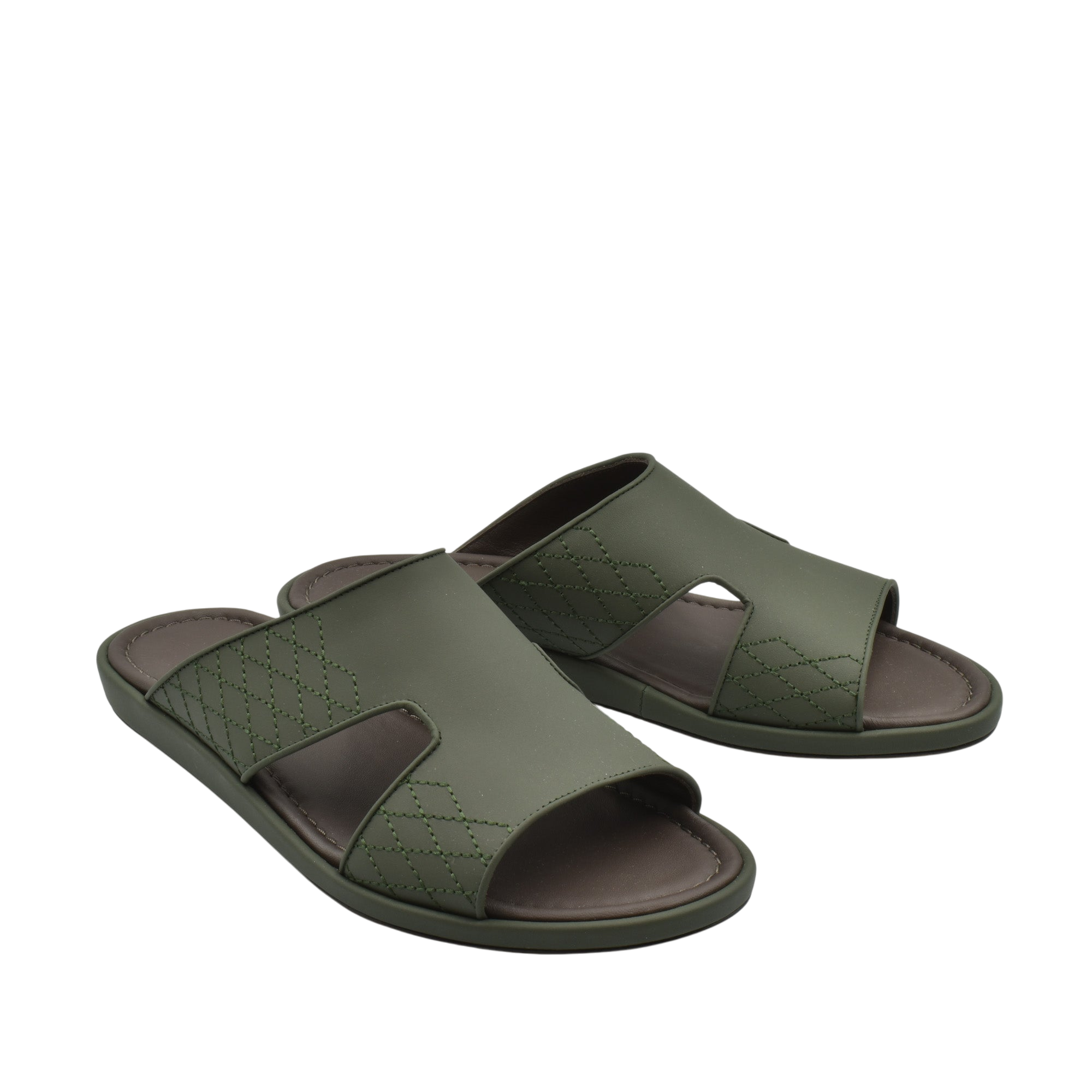 Green slip-on luxury arca sandals with open toe and stitched detailing for comfortable wear