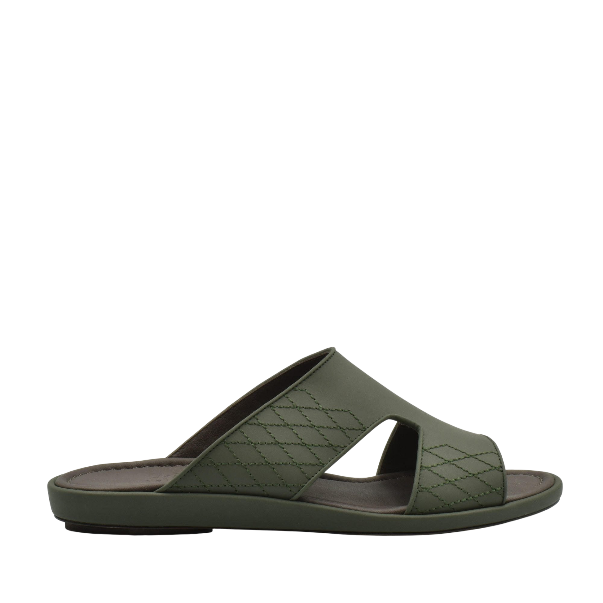 Olive green luxury arca sandals with quilted pattern and open toe slip-on design