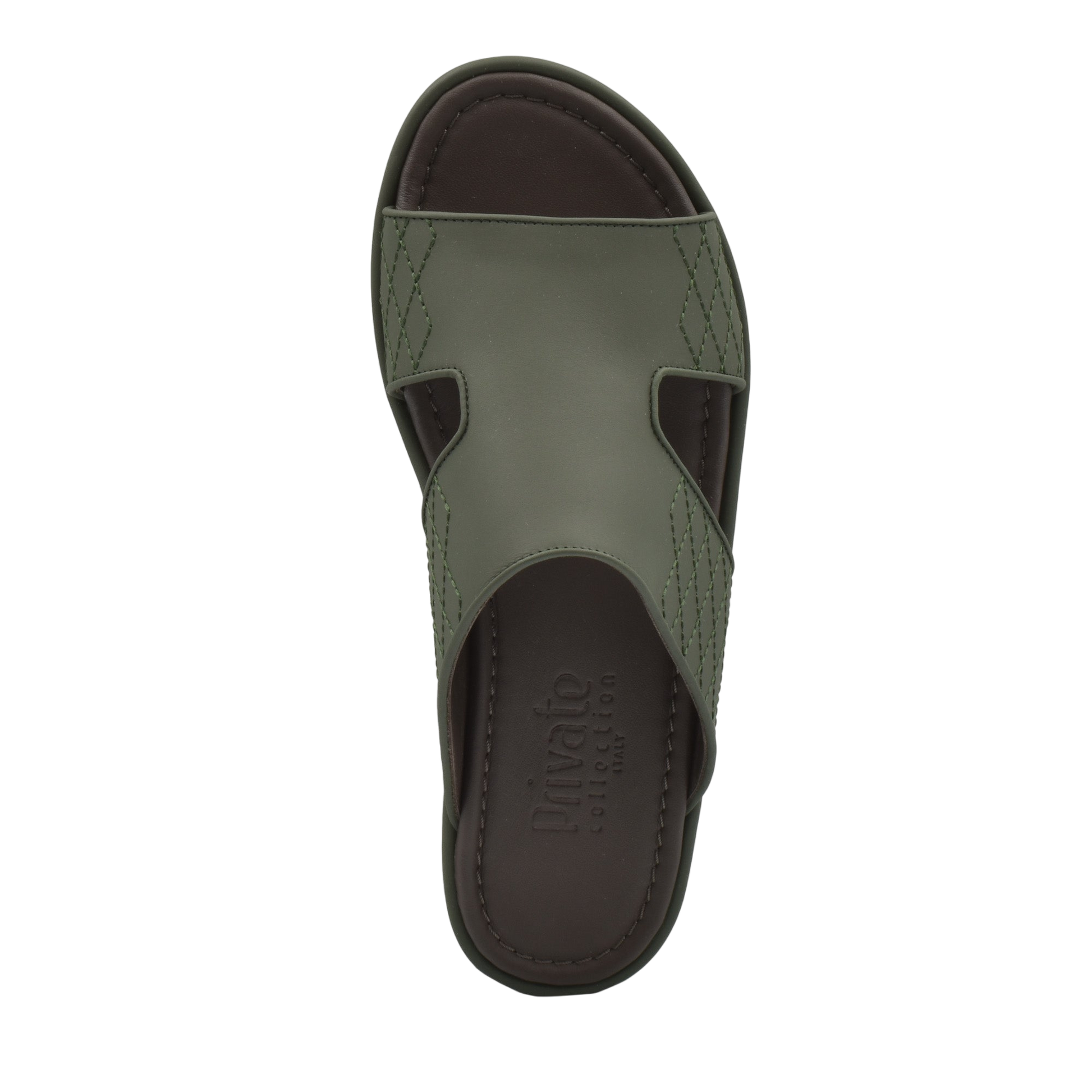 Top view of luxury arca sandals in olive green with cushioned footbed and open toe design