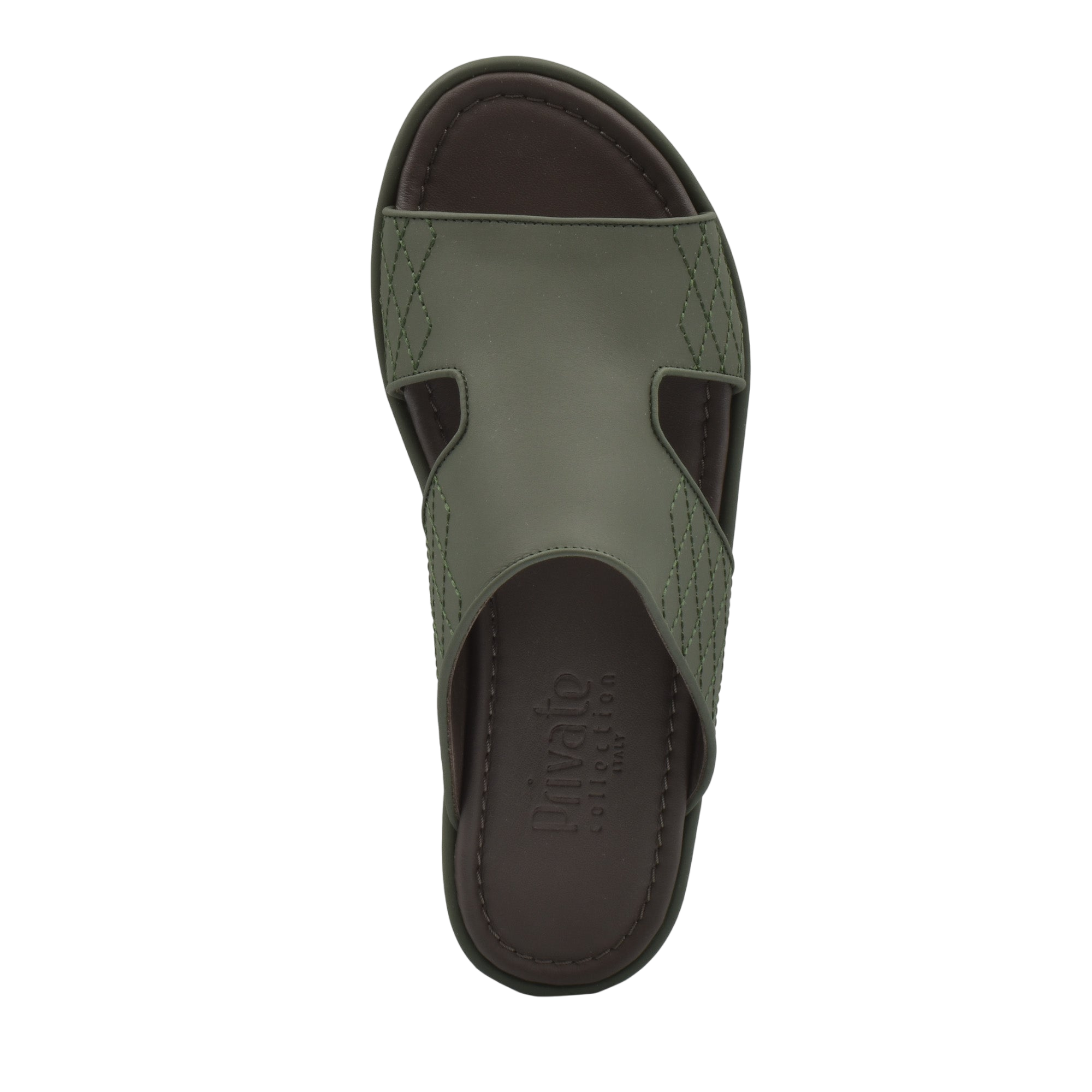 Top view of luxury arca sandals in olive green with cushioned footbed and open toe design