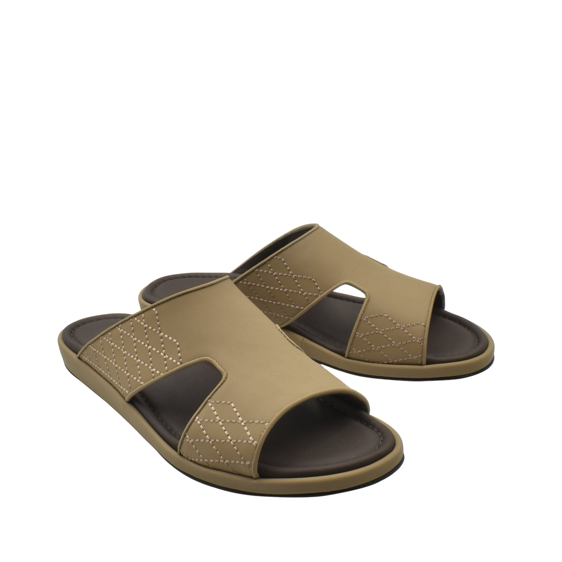 Pair of tan and brown luxury arca sandals with open toe and stitched detailing