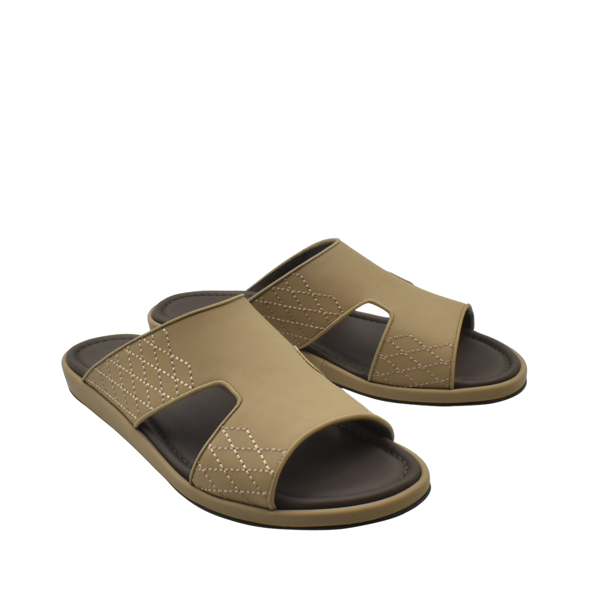 Pair of tan and brown luxury arca sandals with open toe and stitched detailing