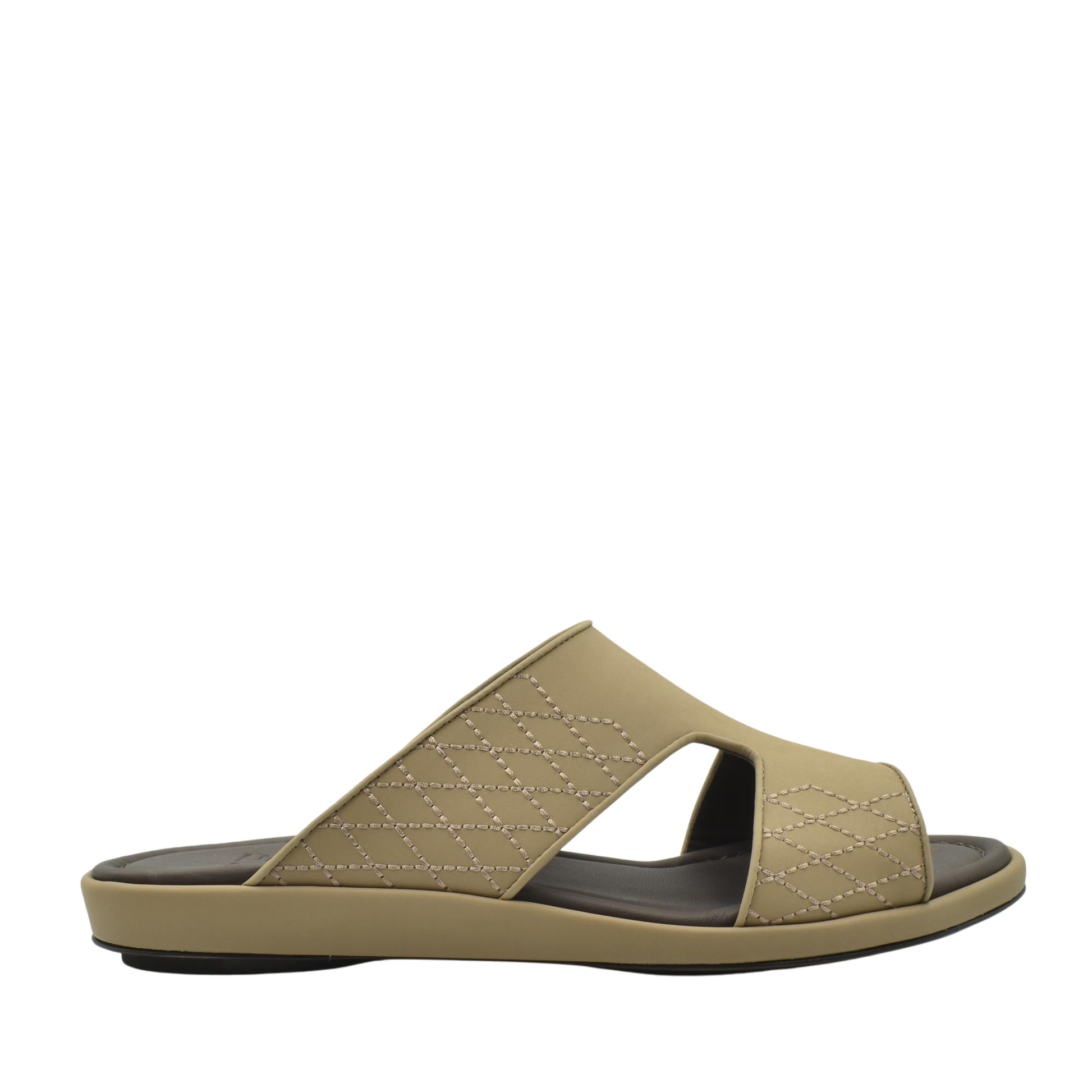 Side view of beige luxury arca sandals with stitched design and black footbed from Private collection