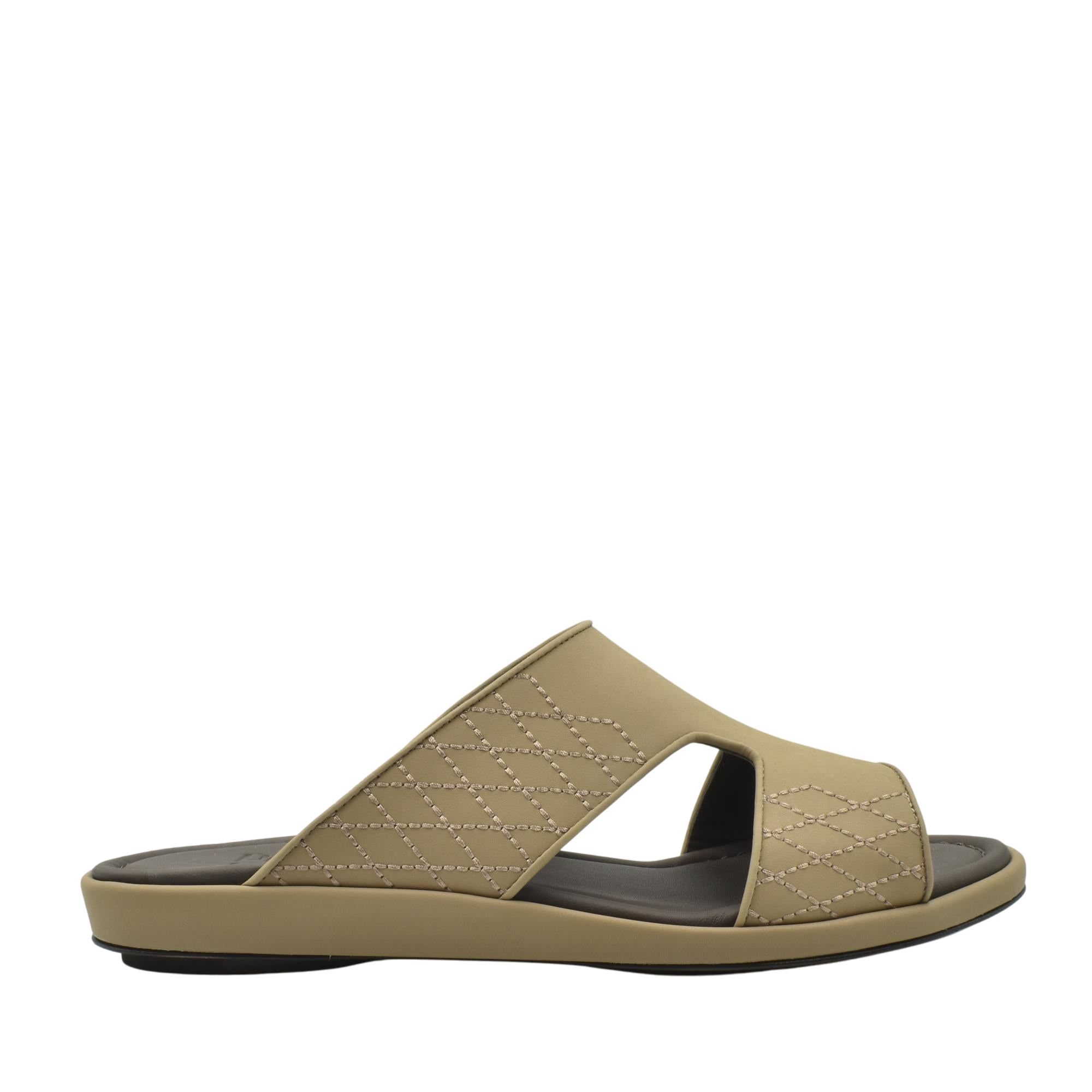 Side view of beige luxury arca sandals with stitched design and black footbed from Private collection